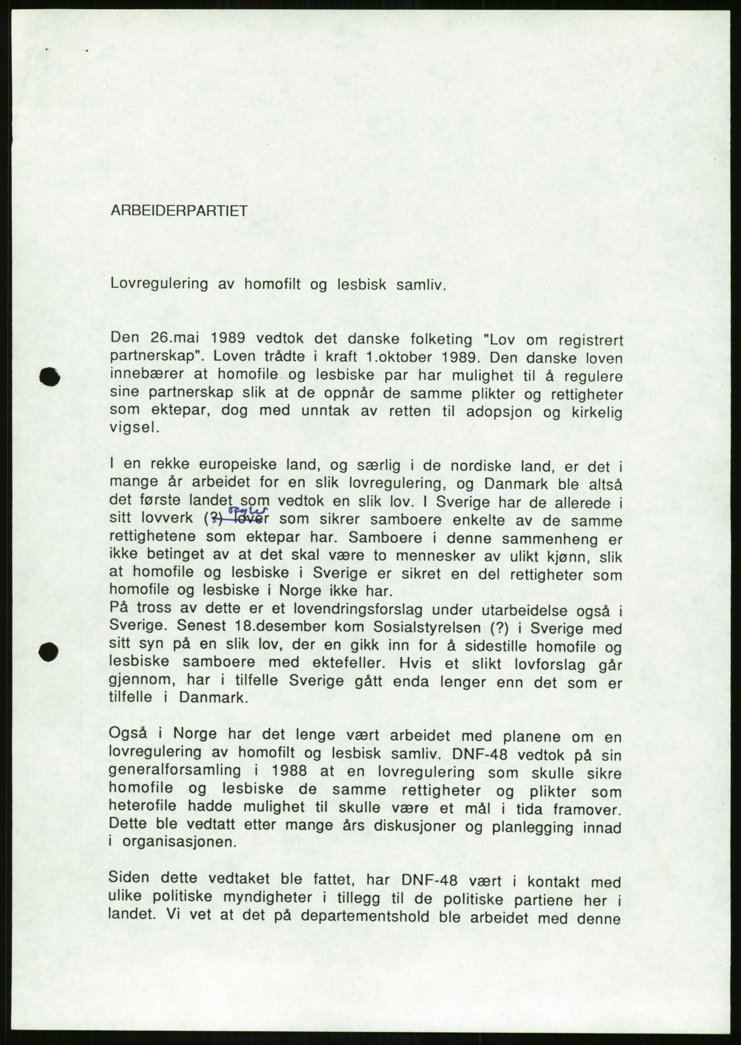 Det Norske Forbundet av 1948/Landsforeningen for Lesbisk og Homofil Frigjøring, AV/RA-PA-1216/D/Da/L0001: Partnerskapsloven, 1990-1993, p. 813