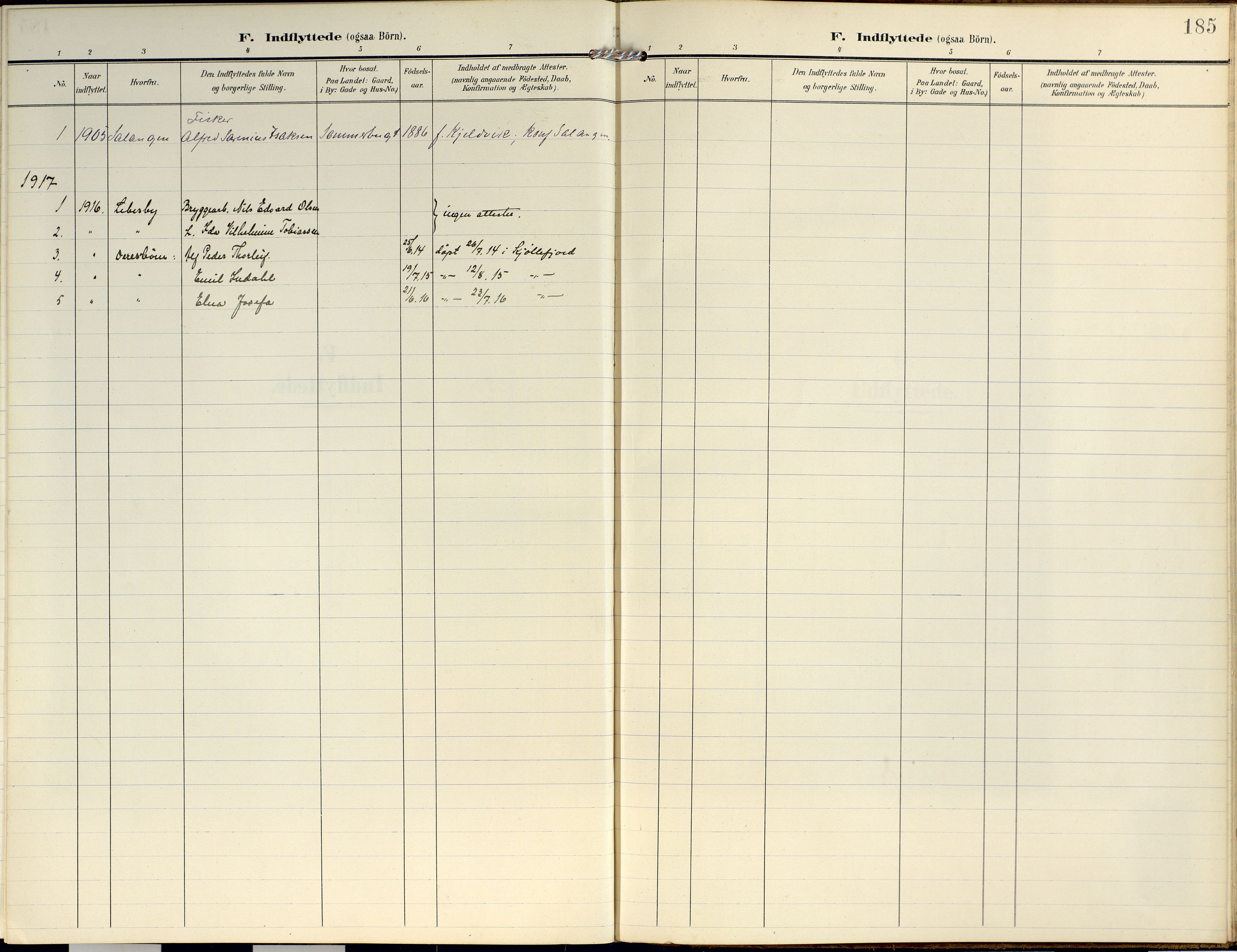 Lyngen sokneprestembete, SATØ/S-1289/H/He/Hea/L0014kirke: Parish register (official) no. 14, 1905-1920, p. 185