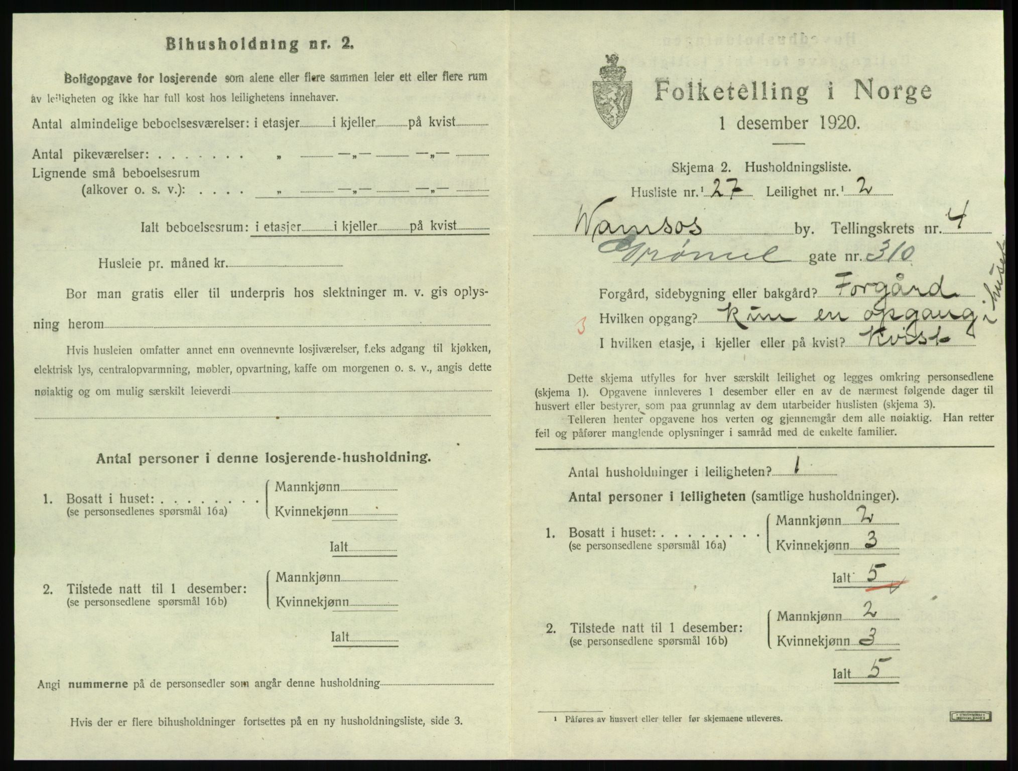 SAT, 1920 census for Namsos, 1920, p. 1501