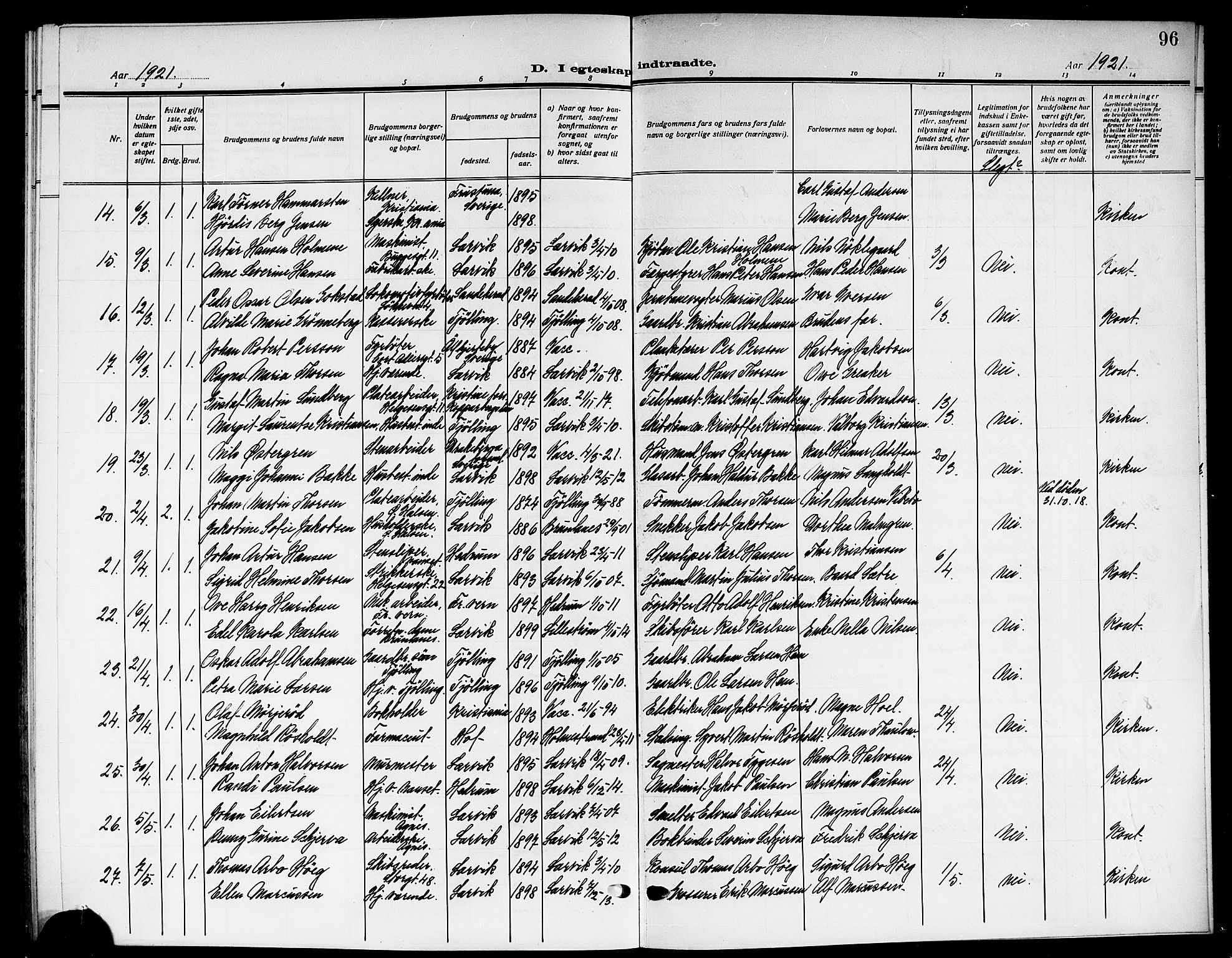 Larvik kirkebøker, AV/SAKO-A-352/G/Ga/L0009: Parish register (copy) no. I 9, 1918-1923, p. 96