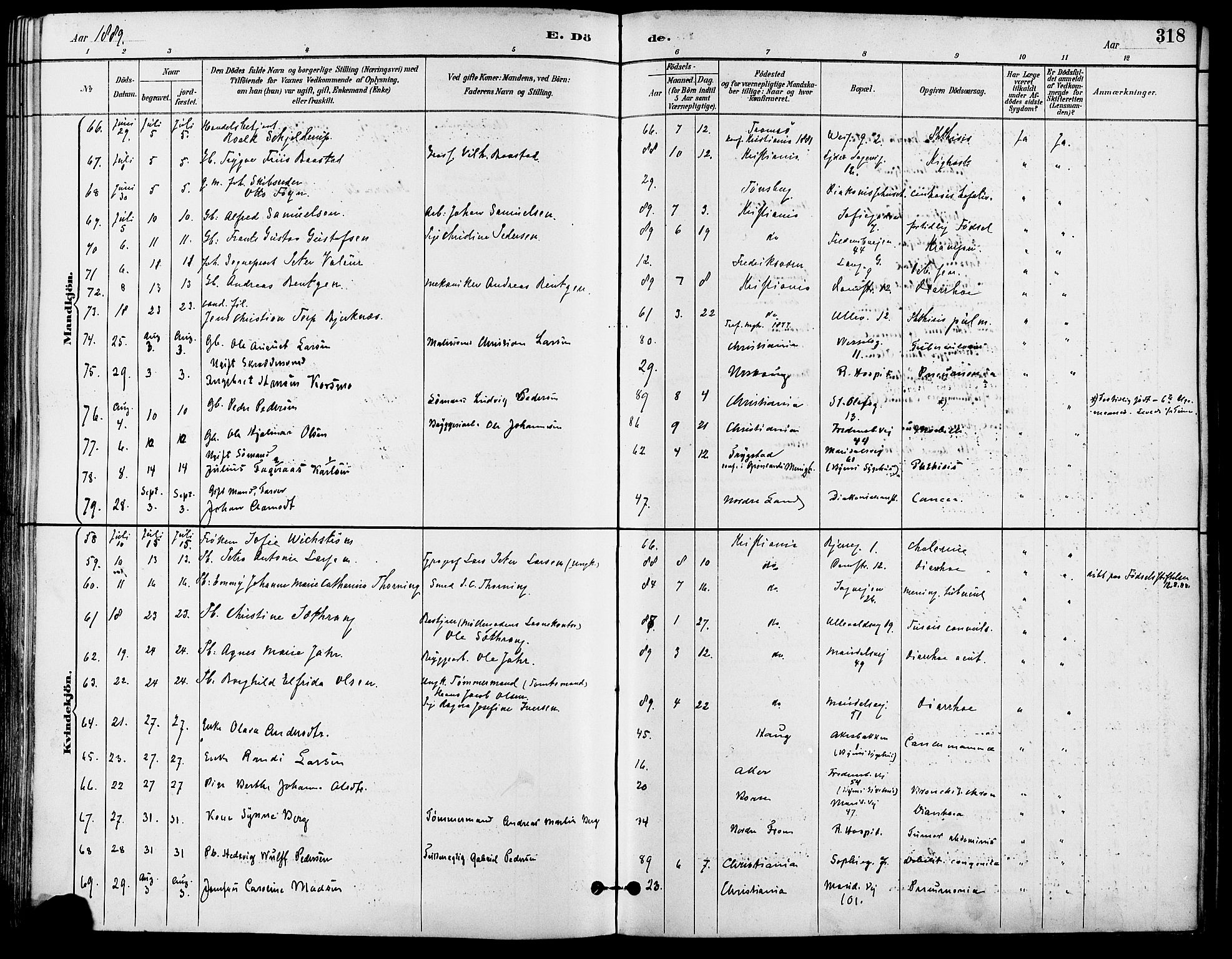 Gamle Aker prestekontor Kirkebøker, SAO/A-10617a/F/L0008: Parish register (official) no. 8, 1887-1896, p. 318