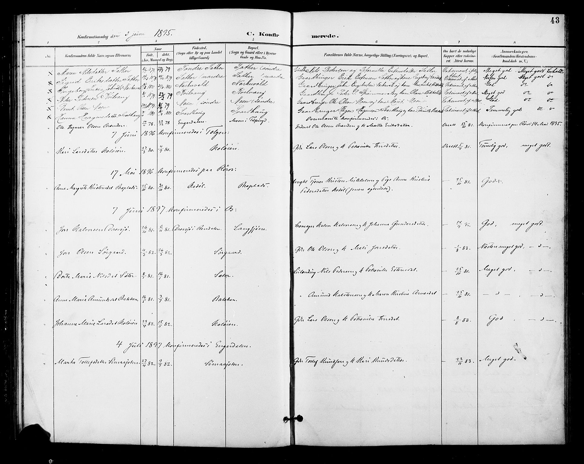 Tolga prestekontor, SAH/PREST-062/L/L0011: Parish register (copy) no. 11, 1894-1925, p. 43