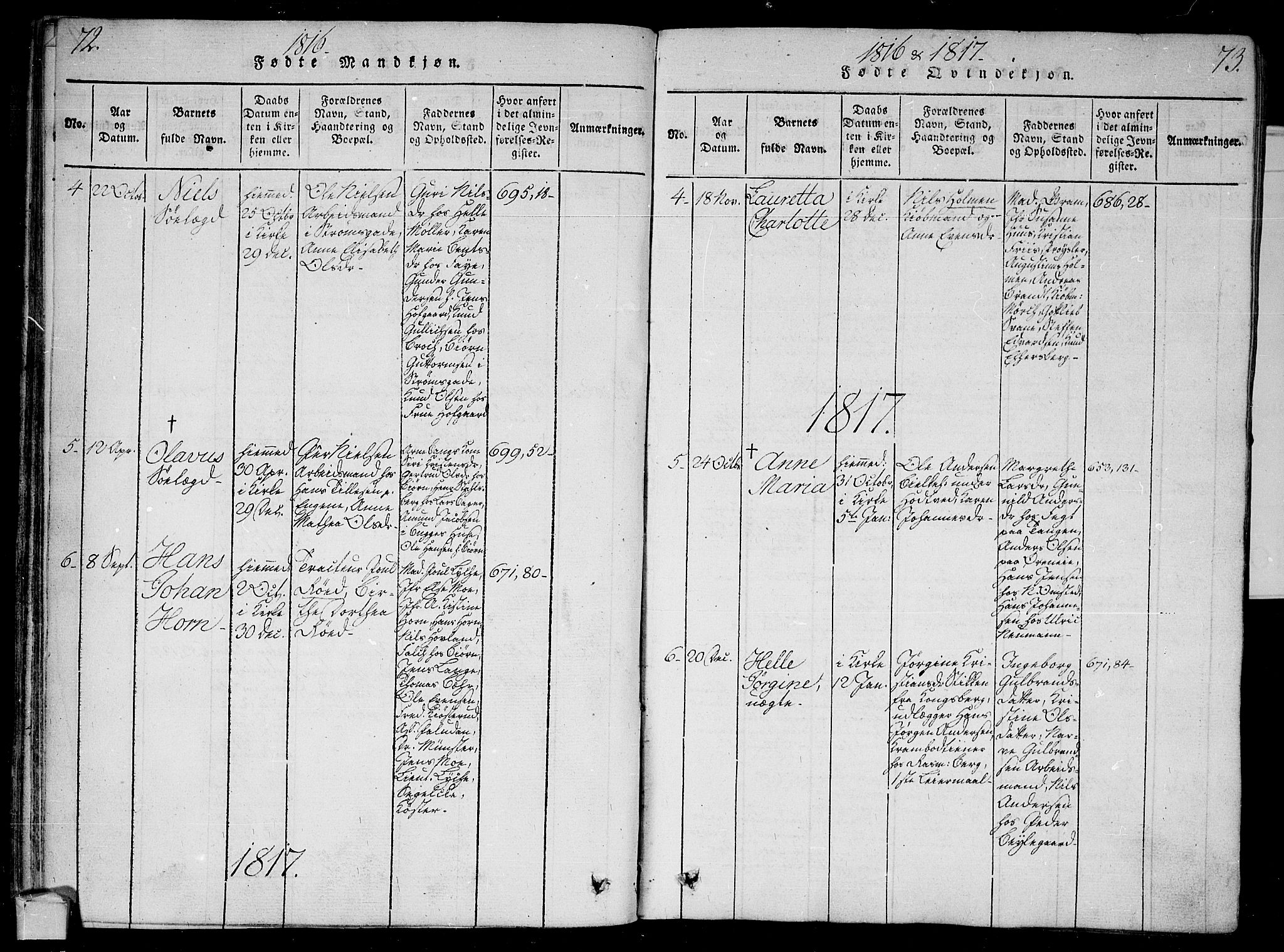 Bragernes kirkebøker, AV/SAKO-A-6/G/Ga/L0001: Parish register (copy) no. 1, 1815-1829, p. 72-73