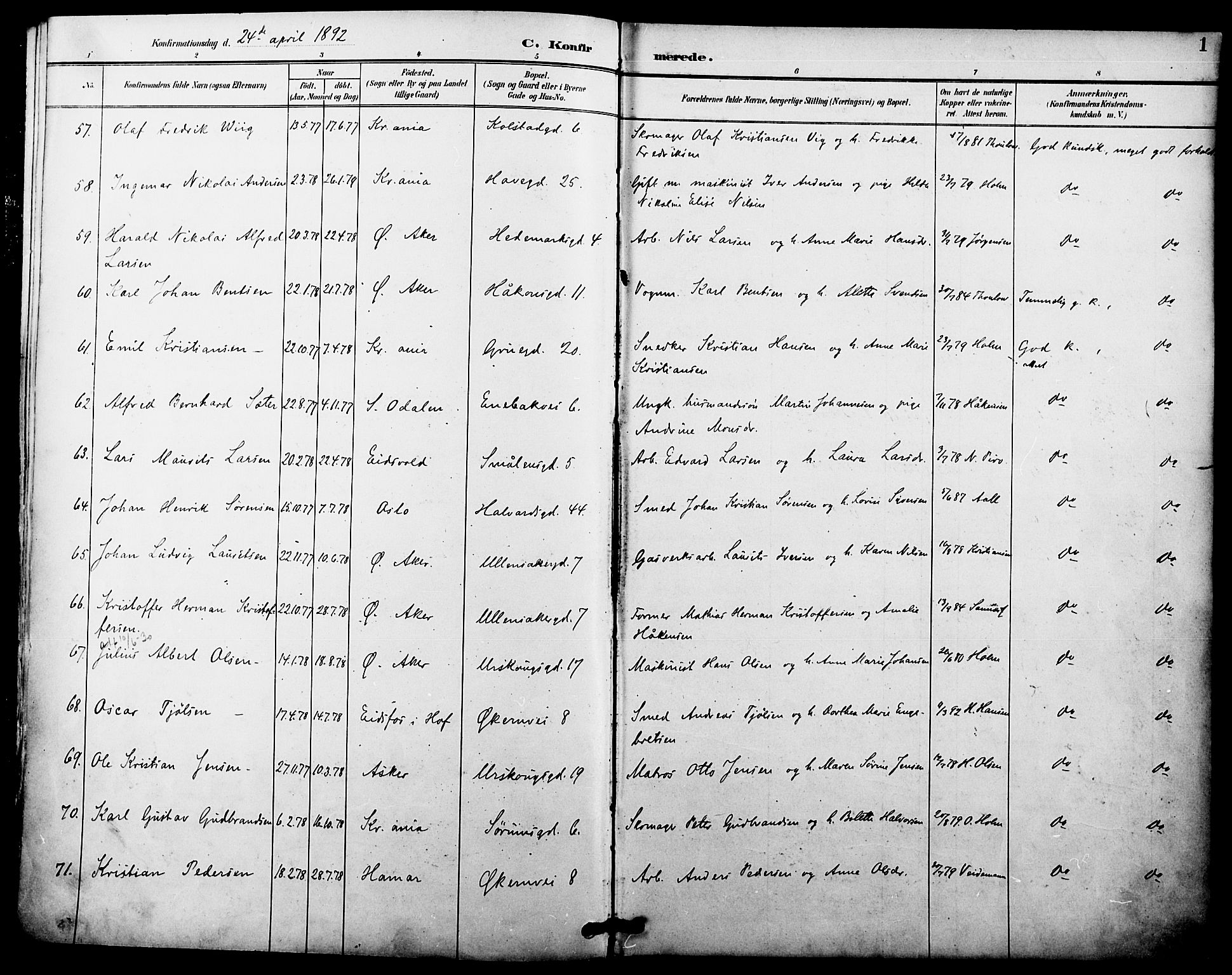 Kampen prestekontor Kirkebøker, SAO/A-10853/F/Fa/L0008: Parish register (official) no. I 8, 1892-1902, p. 1