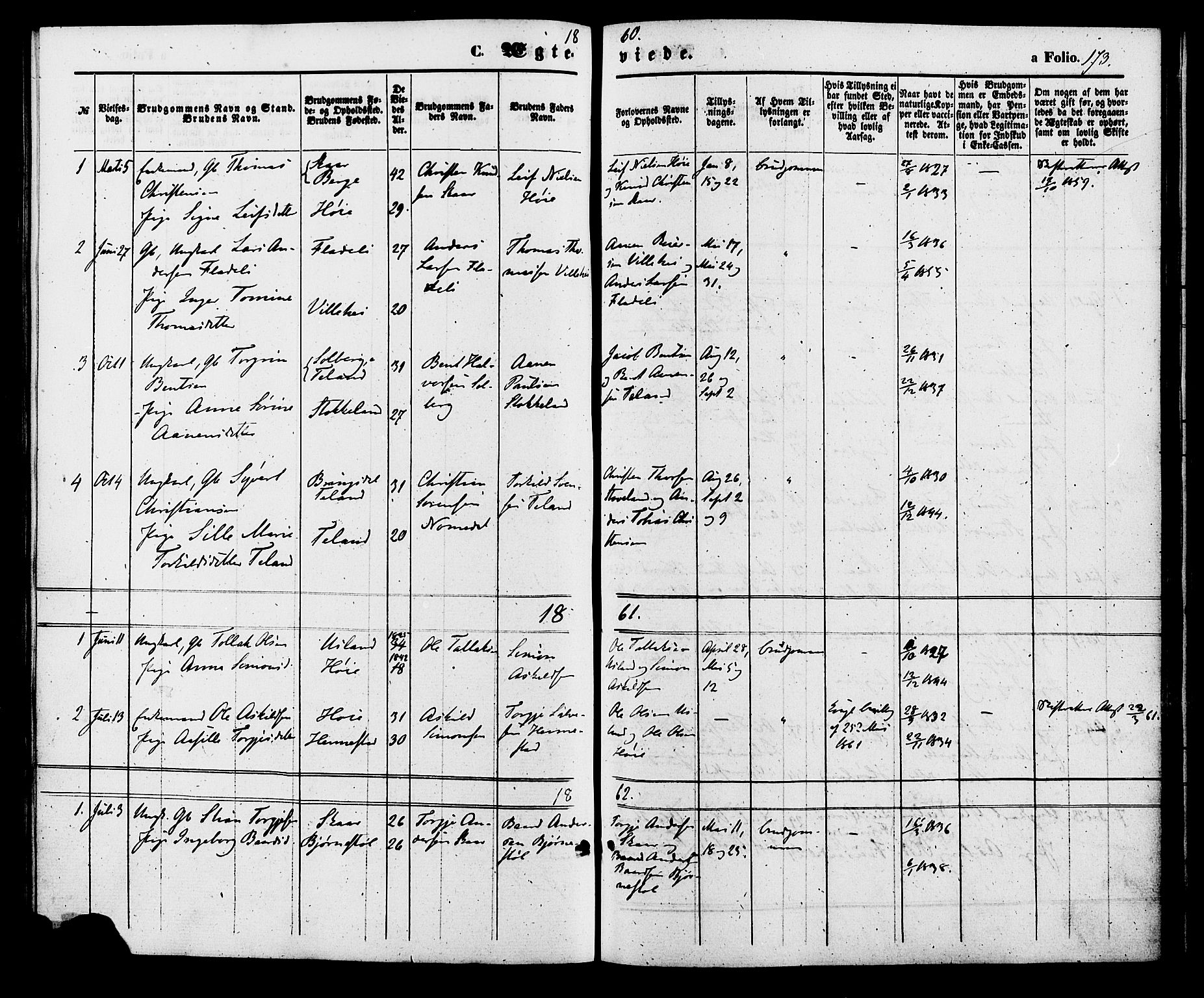 Holum sokneprestkontor, SAK/1111-0022/F/Fa/Fac/L0003: Parish register (official) no. A 3, 1860-1883, p. 173