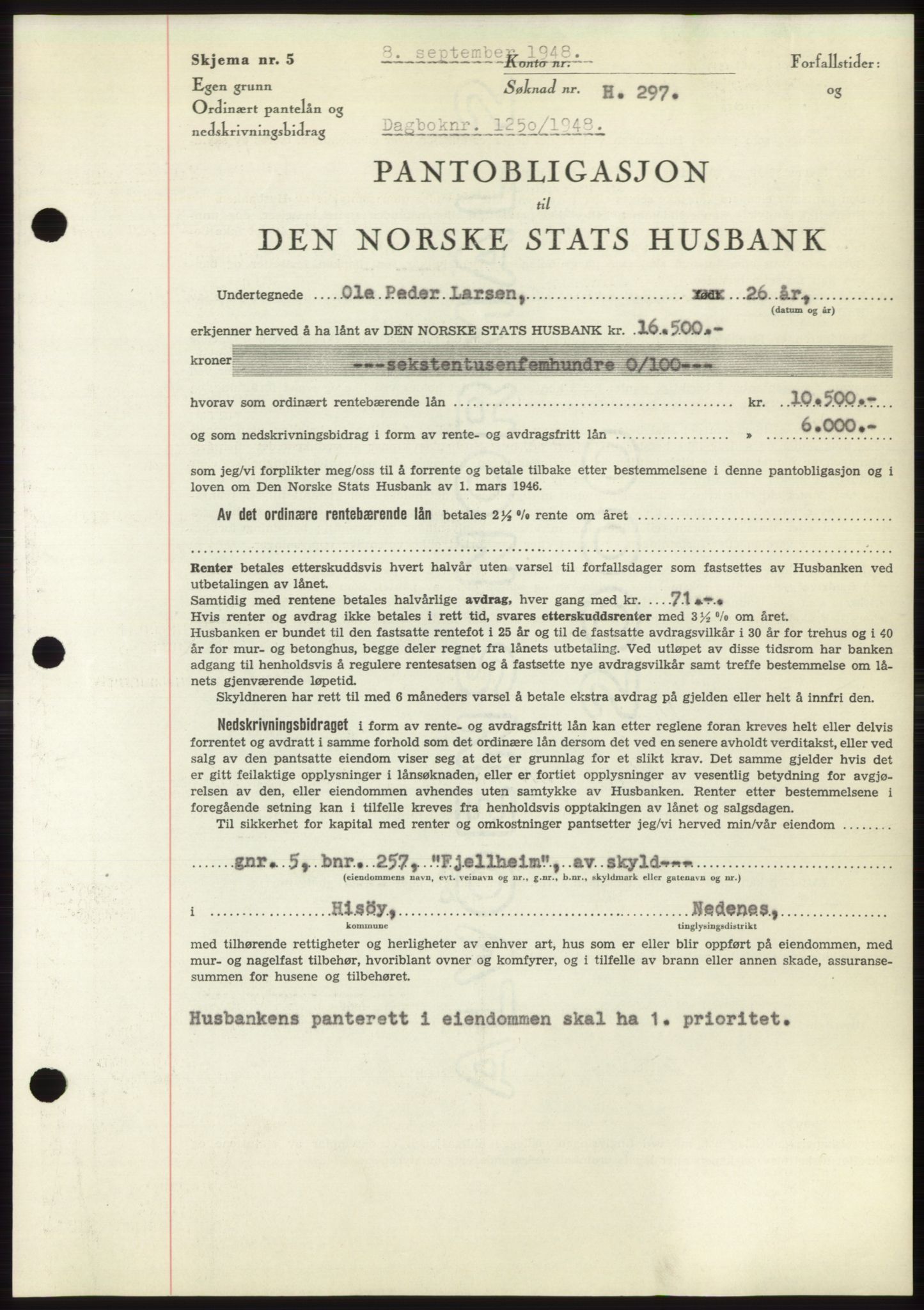 Nedenes sorenskriveri, AV/SAK-1221-0006/G/Gb/Gbb/L0005: Mortgage book no. B5, 1948-1948, Diary no: : 1250/1948