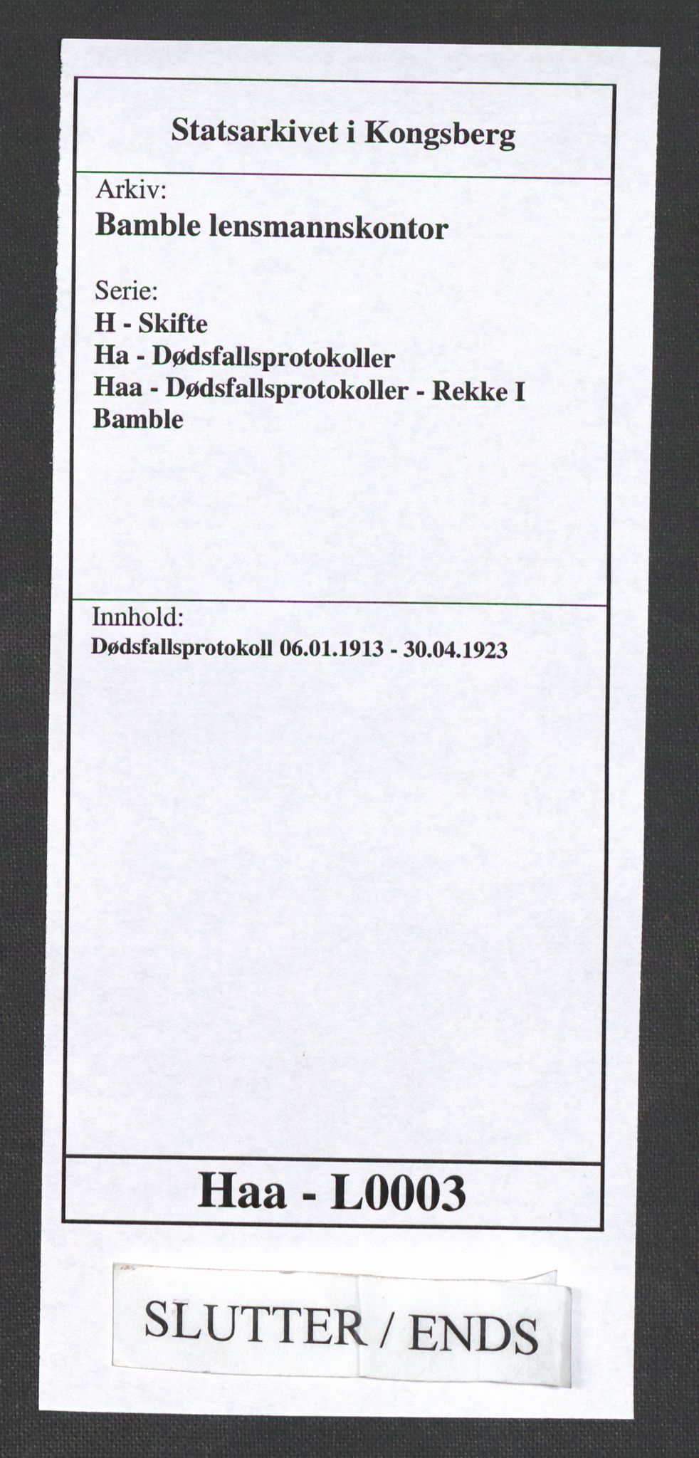 Bamble lensmannskontor, AV/SAKO-A-552/H/Ha/Haa/L0003: Dødsfallsprotokoll, 1913-1923