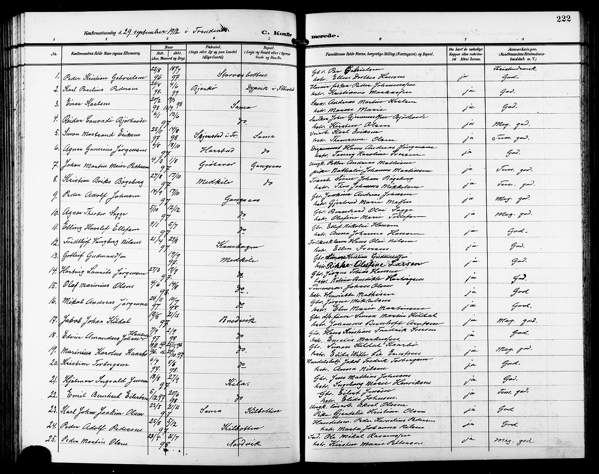 Trondenes sokneprestkontor, AV/SATØ-S-1319/H/Hb/L0012klokker: Parish register (copy) no. 12, 1907-1916, p. 222