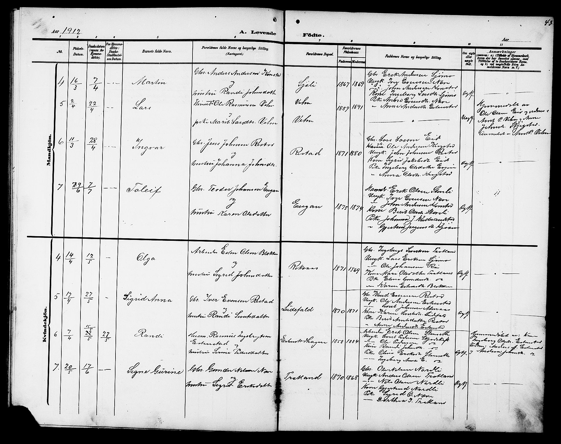 Ministerialprotokoller, klokkerbøker og fødselsregistre - Sør-Trøndelag, SAT/A-1456/694/L1133: Parish register (copy) no. 694C05, 1901-1914, p. 43