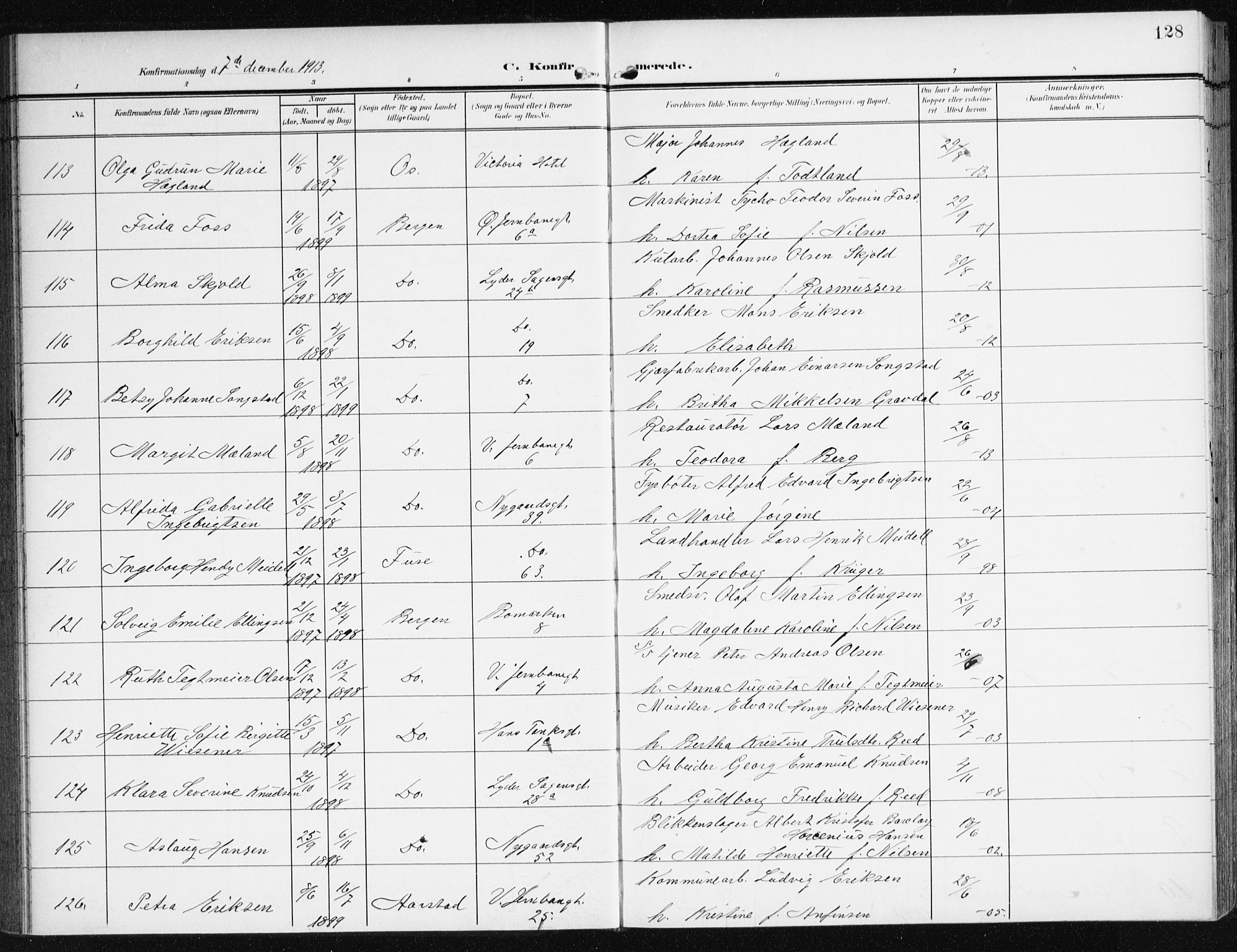 Johanneskirken sokneprestembete, AV/SAB-A-76001/H/Haa/L0009: Parish register (official) no. C 2, 1907-1924, p. 128