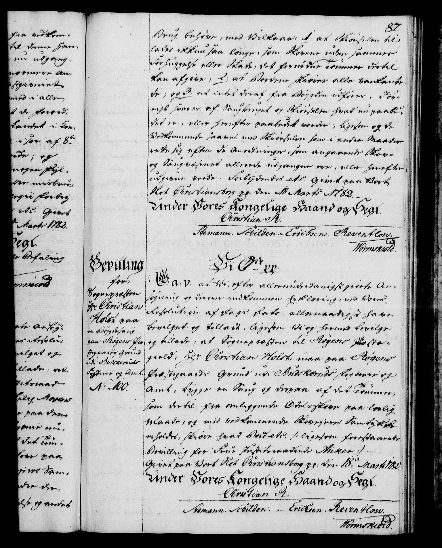 Rentekammeret, Kammerkanselliet, AV/RA-EA-3111/G/Gg/Gga/L0012: Norsk ekspedisjonsprotokoll med register (merket RK 53.12), 1781-1783, p. 87