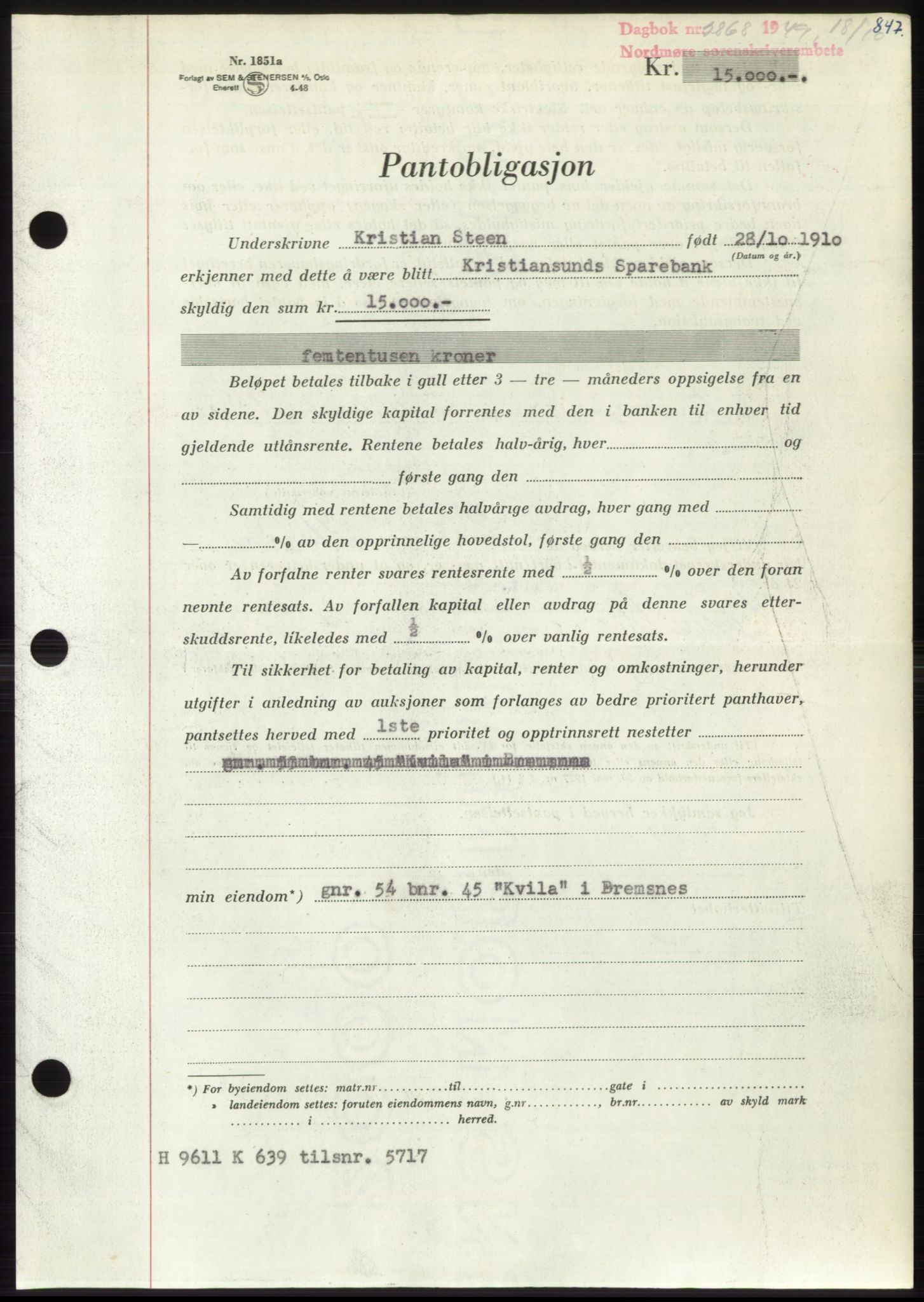 Nordmøre sorenskriveri, AV/SAT-A-4132/1/2/2Ca: Mortgage book no. B102, 1949-1949, Diary no: : 2868/1949