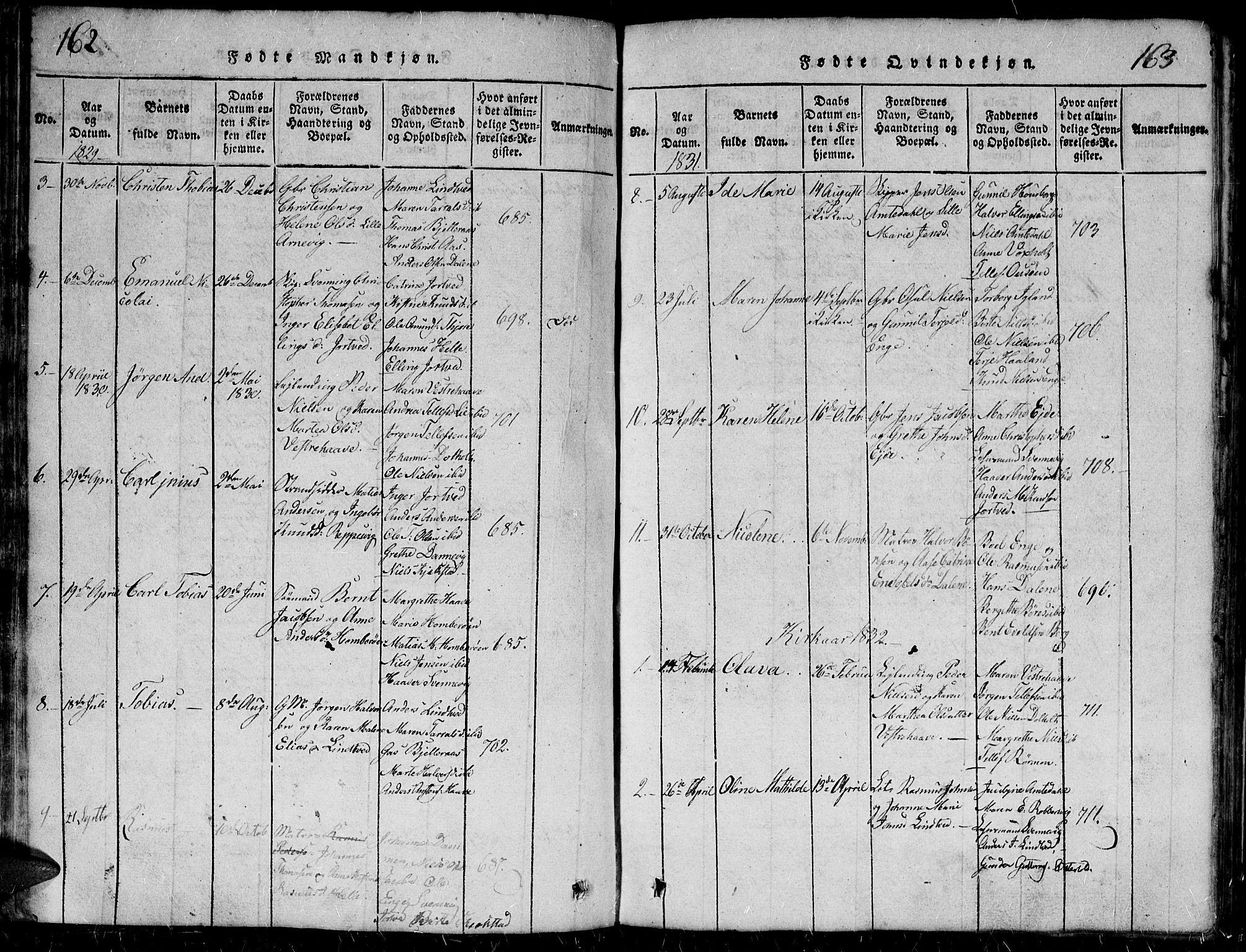 Hommedal sokneprestkontor, AV/SAK-1111-0023/F/Fb/Fbb/L0003: Parish register (copy) no. B 3 /2, 1816-1850, p. 162-163