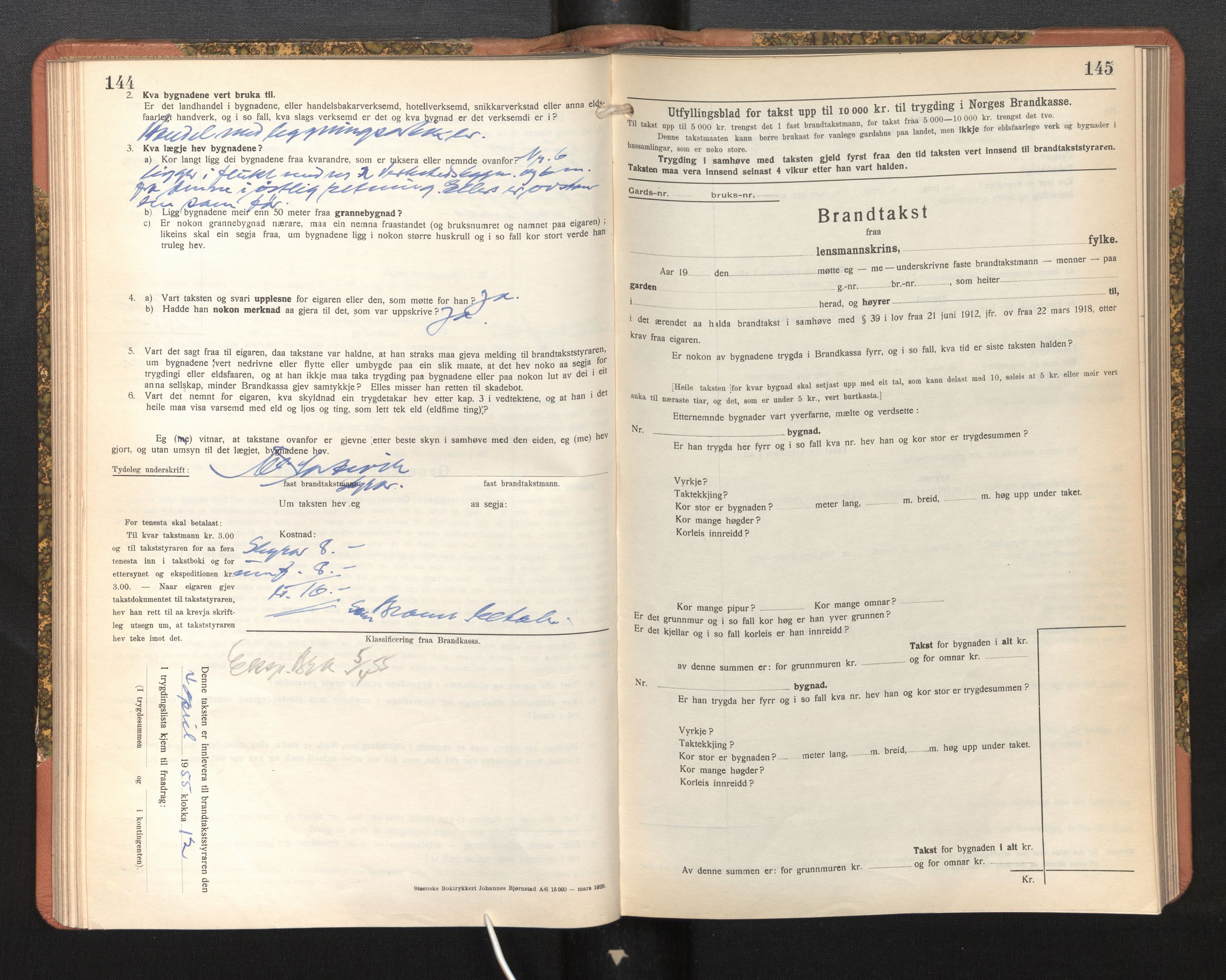Lensmannen i Evanger, SAB/A-31701/0012/L0006: Branntakstprotokoll, skjematakst, 1936-1955, p. 144-145