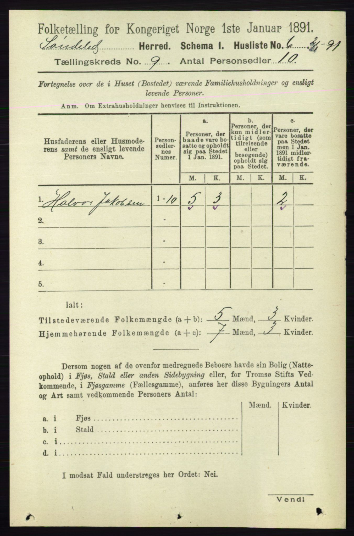 RA, 1891 census for 0913 Søndeled, 1891, p. 2840