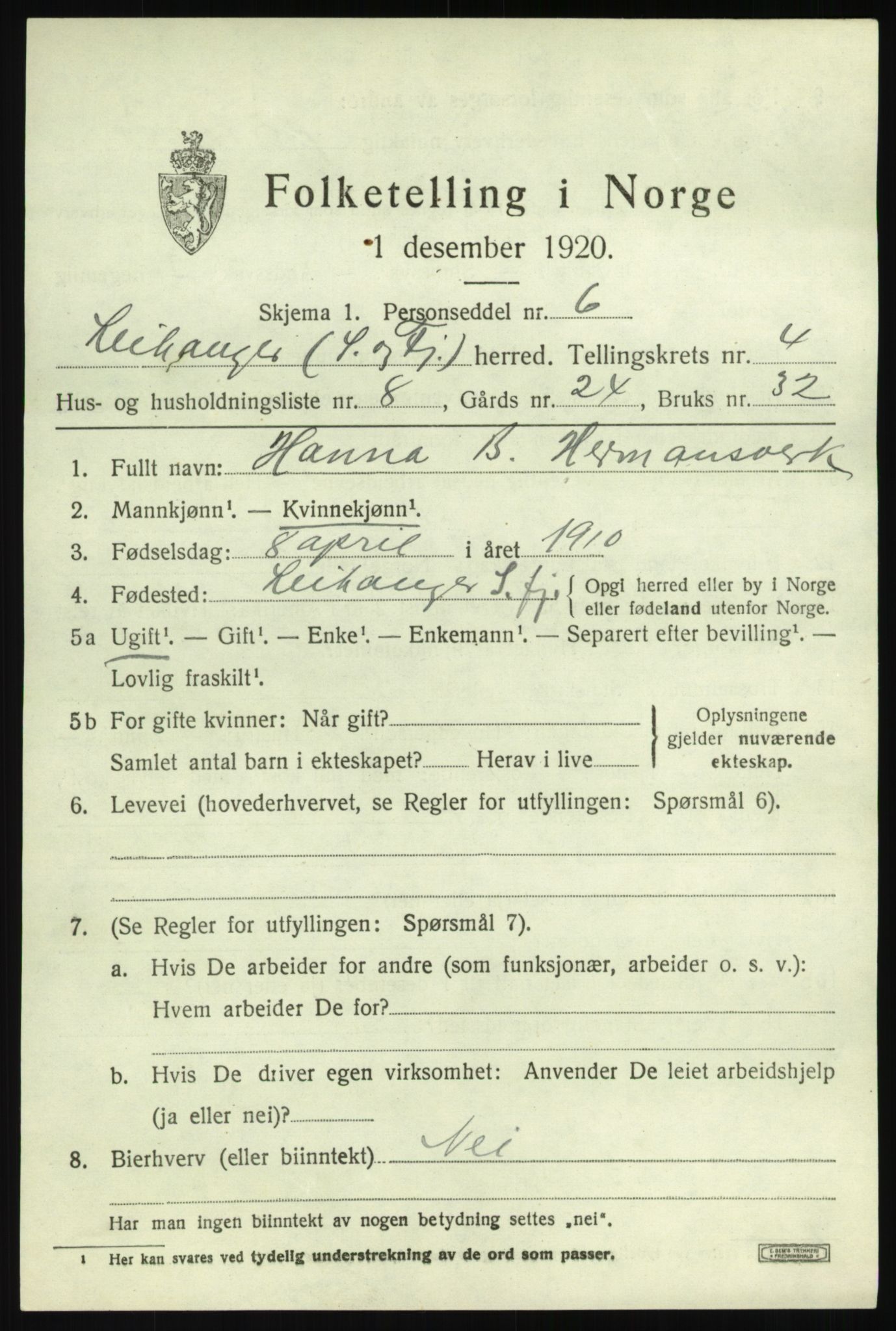 SAB, 1920 census for Leikanger, 1920, p. 2930