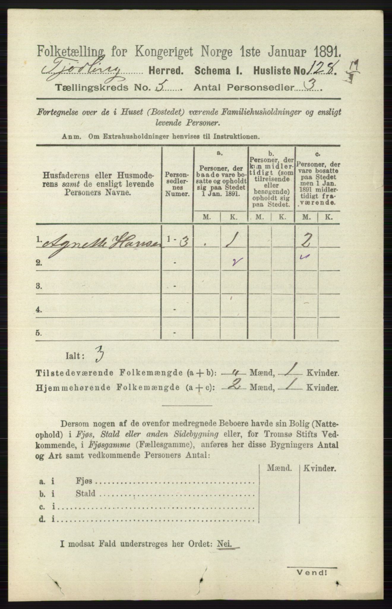 RA, 1891 census for 0725 Tjølling, 1891, p. 1963