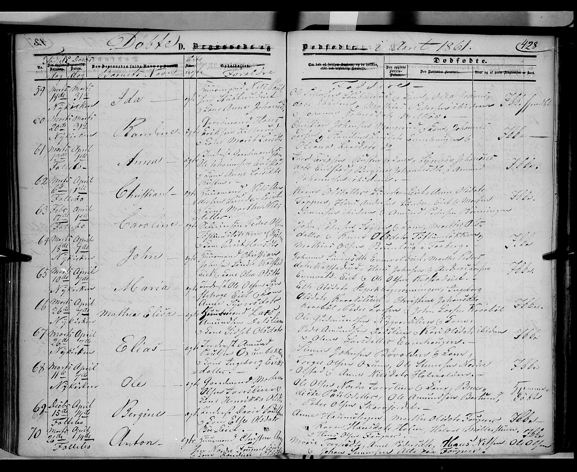 Gausdal prestekontor, SAH/PREST-090/H/Ha/Haa/L0008: Parish register (official) no. 8, 1850-1861, p. 428