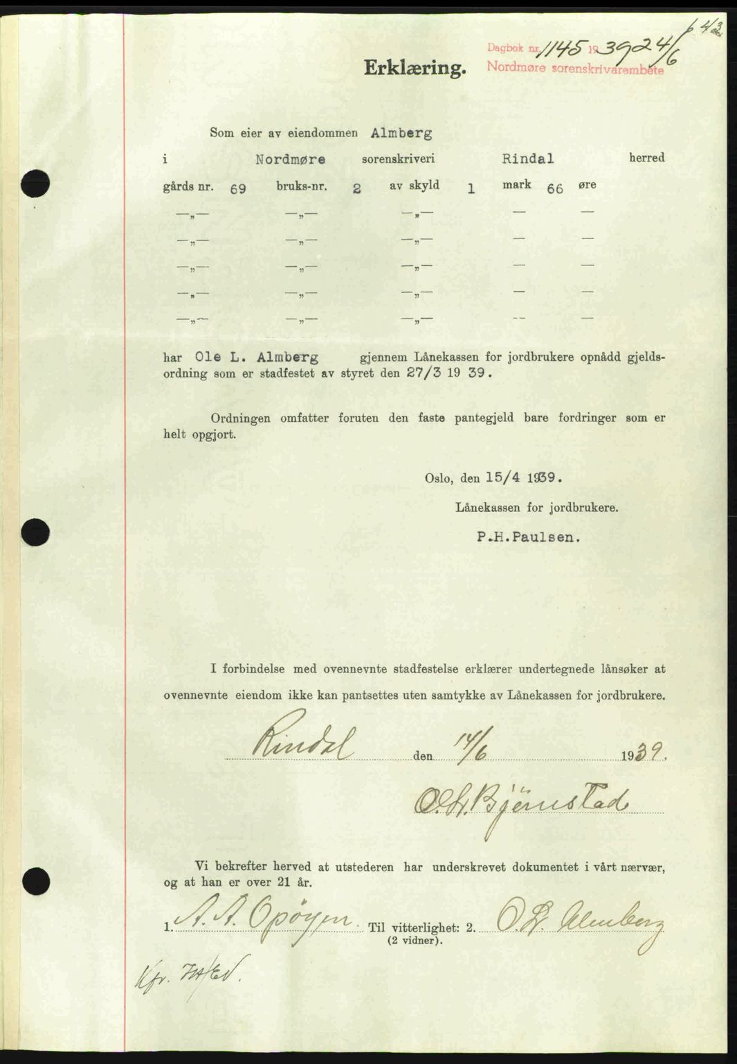 Nordmøre sorenskriveri, AV/SAT-A-4132/1/2/2Ca: Mortgage book no. B85, 1939-1939, Diary no: : 1845/1939