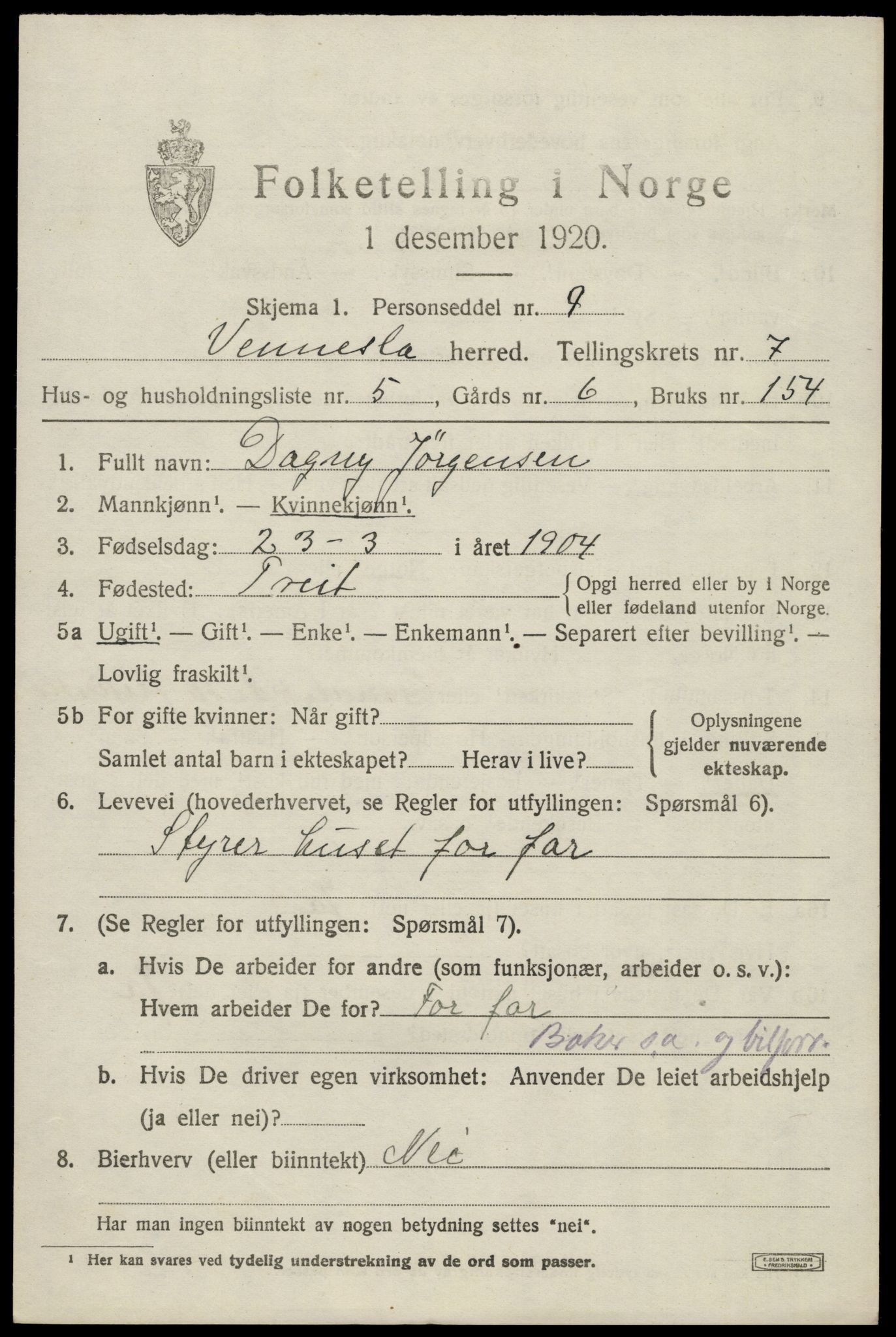 SAK, 1920 census for Vennesla, 1920, p. 4812