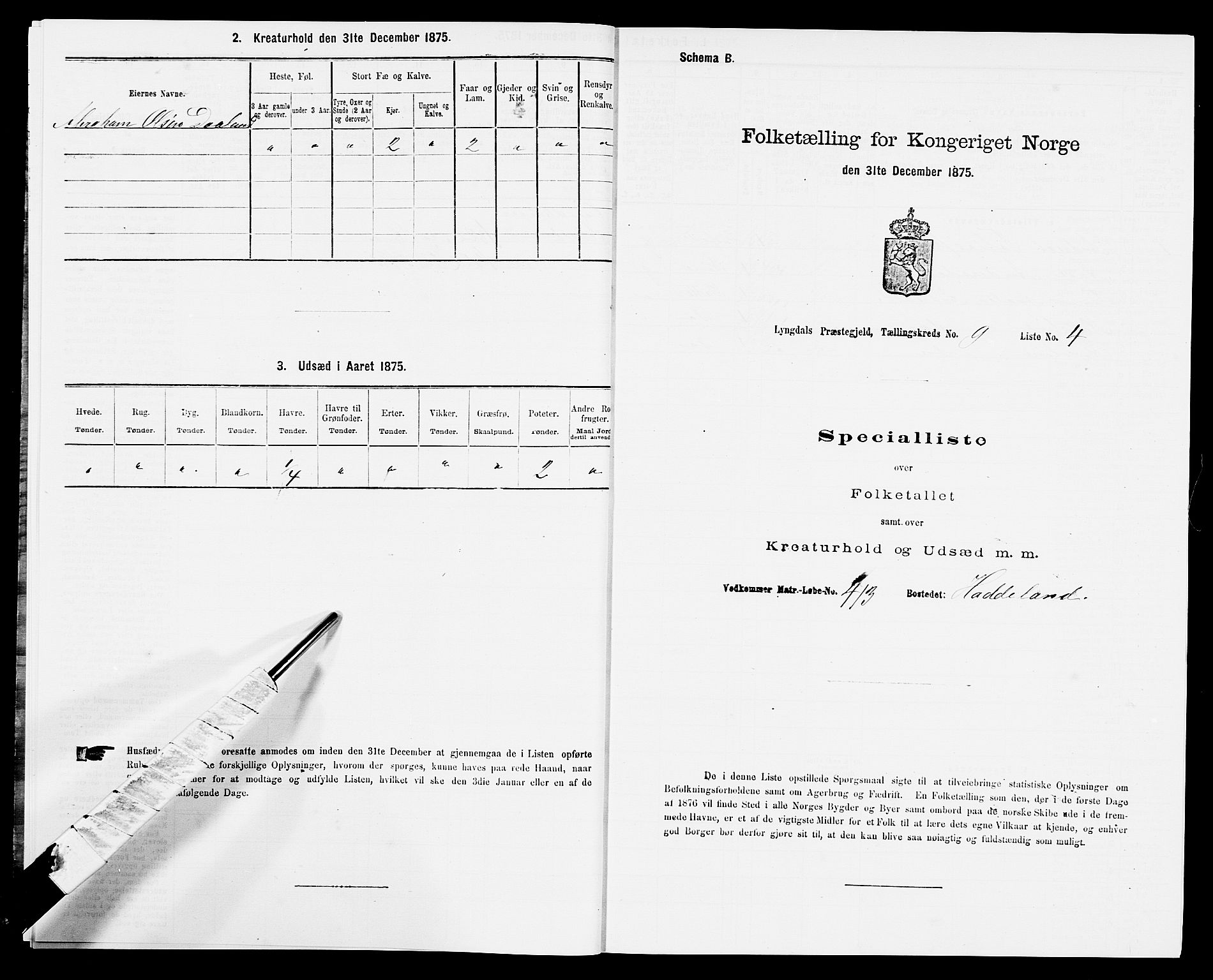 SAK, 1875 census for 1032P Lyngdal, 1875, p. 1364