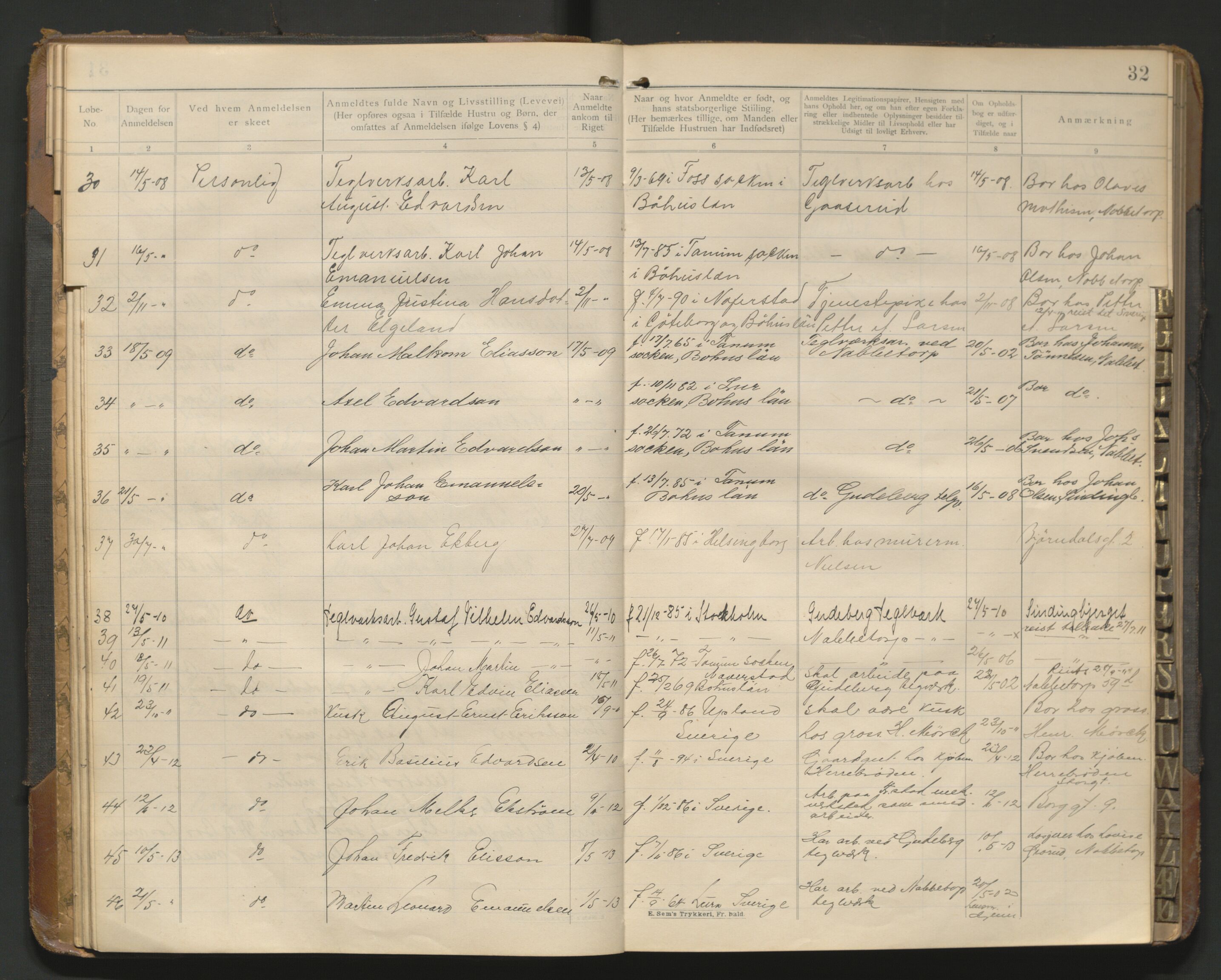 Fredrikstad politikammer, AV/SAO-A-10055/H/Hb/Hba/L0001: Protokoll over fremmede statsborgere, 1901-1916, p. 31b-32a