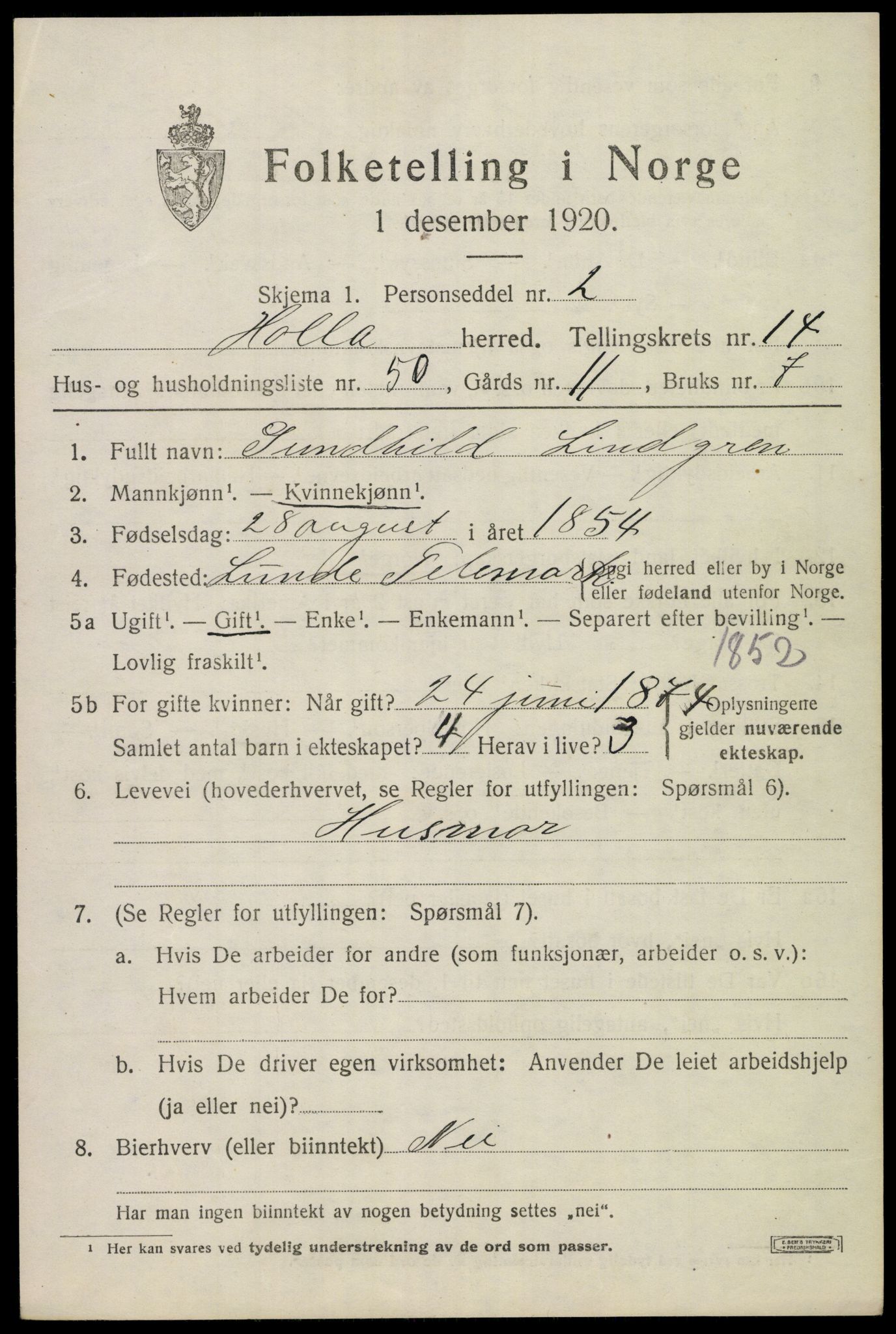 SAKO, 1920 census for Holla, 1920, p. 8485