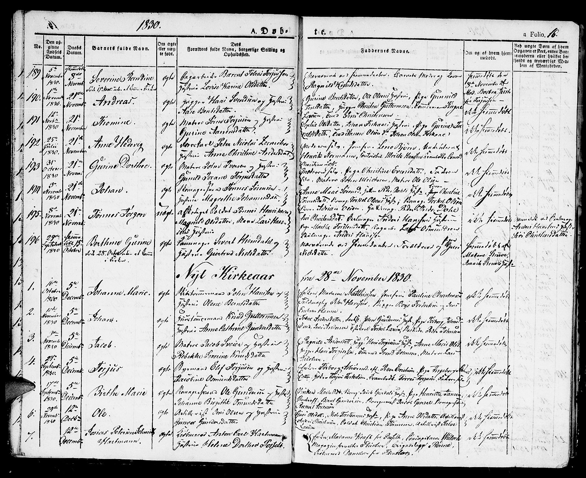 Kristiansand domprosti, SAK/1112-0006/F/Fb/L0007: Parish register (copy) no. B 7, 1829-1837, p. 16