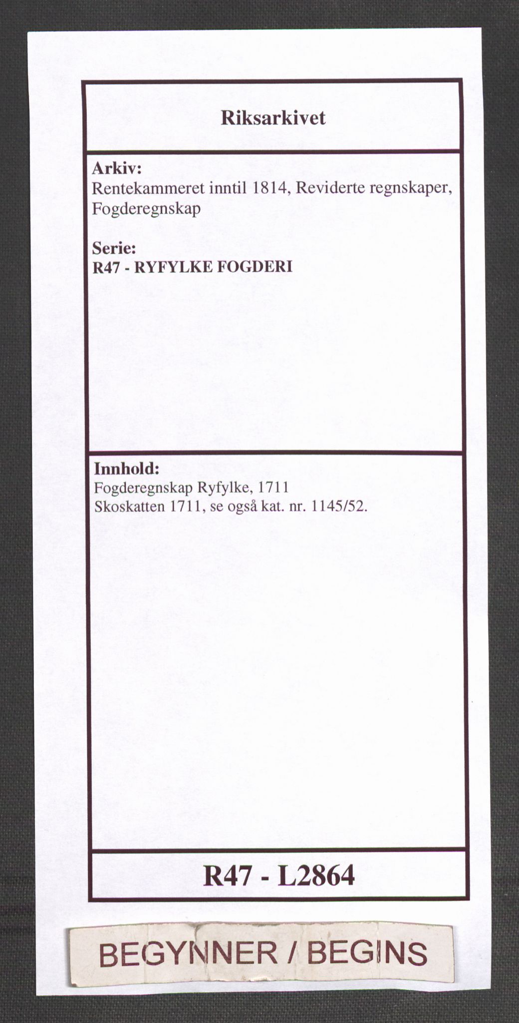 Rentekammeret inntil 1814, Reviderte regnskaper, Fogderegnskap, AV/RA-EA-4092/R47/L2864: Fogderegnskap Ryfylke, 1711, p. 1