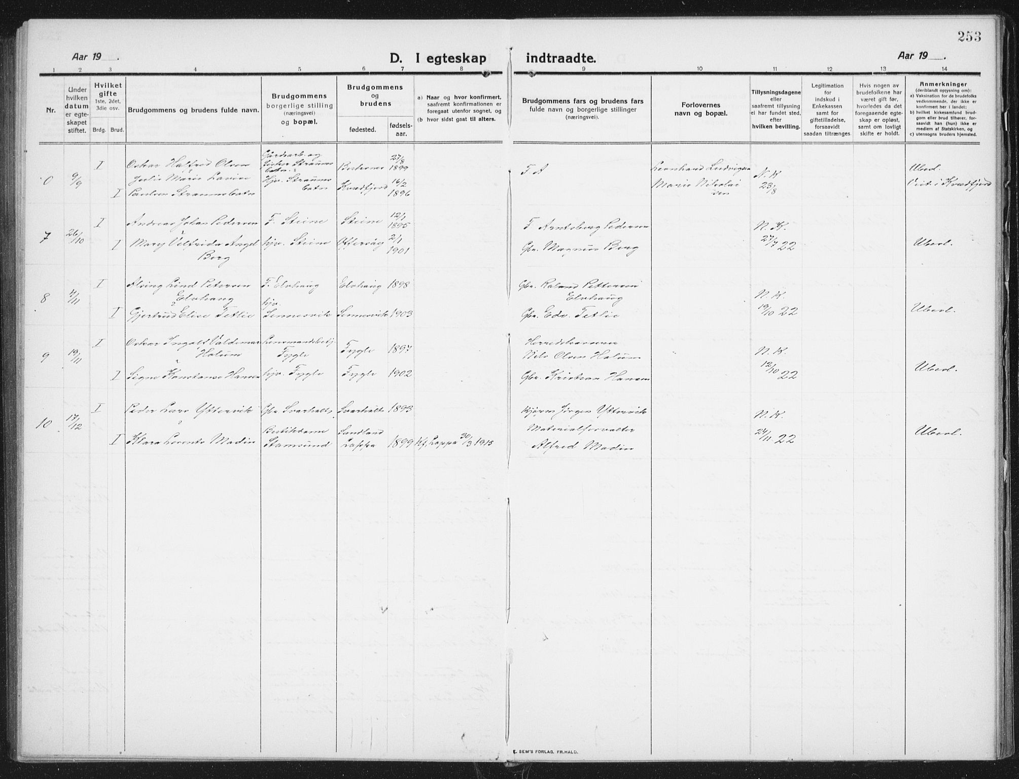 Ministerialprotokoller, klokkerbøker og fødselsregistre - Nordland, SAT/A-1459/882/L1183: Parish register (copy) no. 882C01, 1911-1938, p. 253