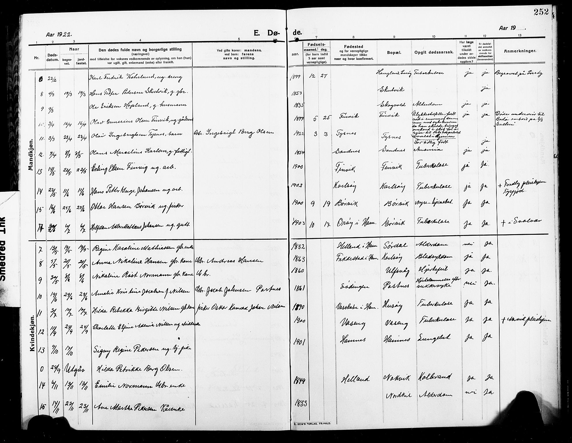 Ministerialprotokoller, klokkerbøker og fødselsregistre - Nordland, AV/SAT-A-1459/859/L0861: Parish register (copy) no. 859C07, 1910-1925, p. 252