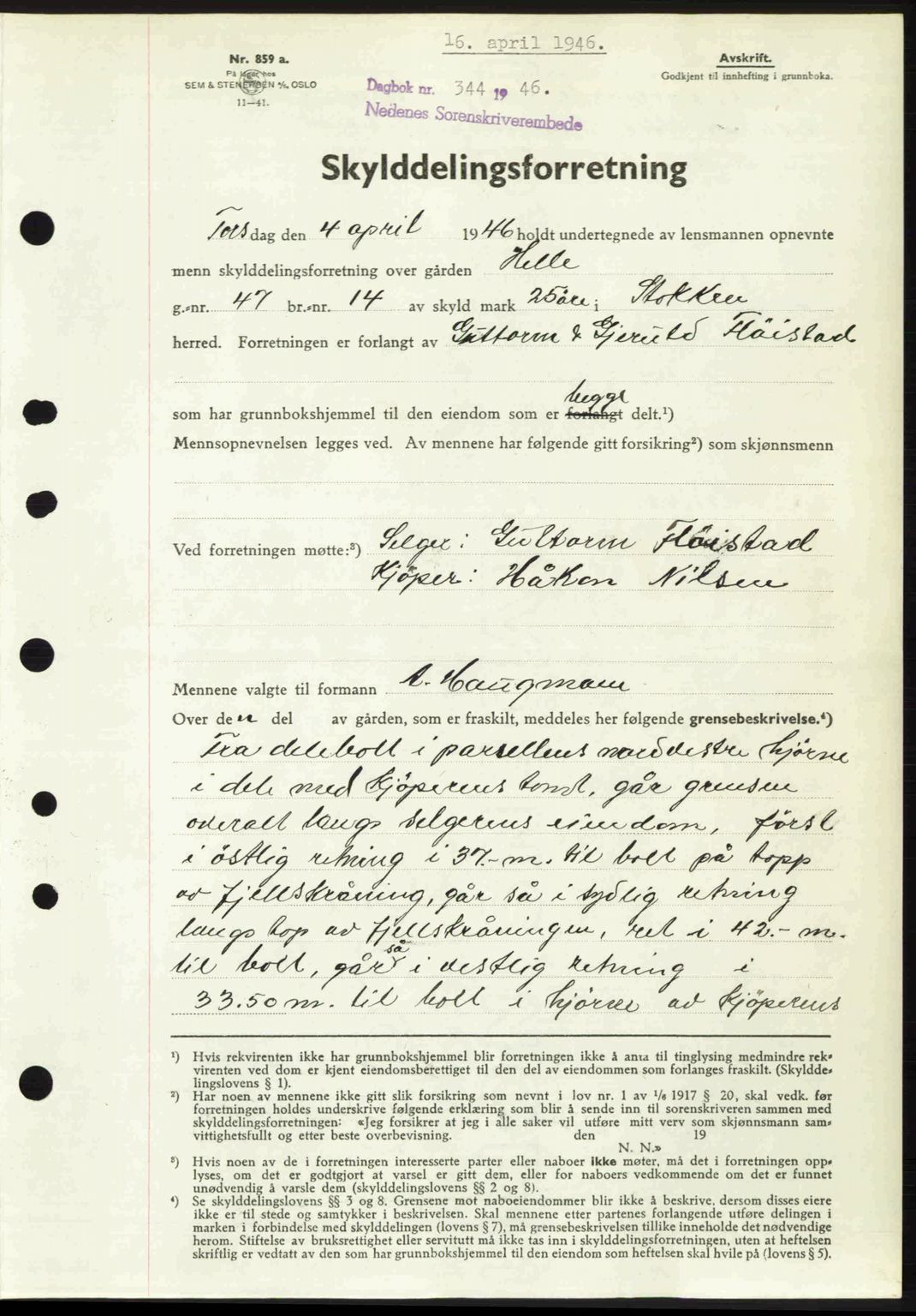 Nedenes sorenskriveri, AV/SAK-1221-0006/G/Gb/Gba/L0054: Mortgage book no. A6c, 1946-1946, Diary no: : 344/1946