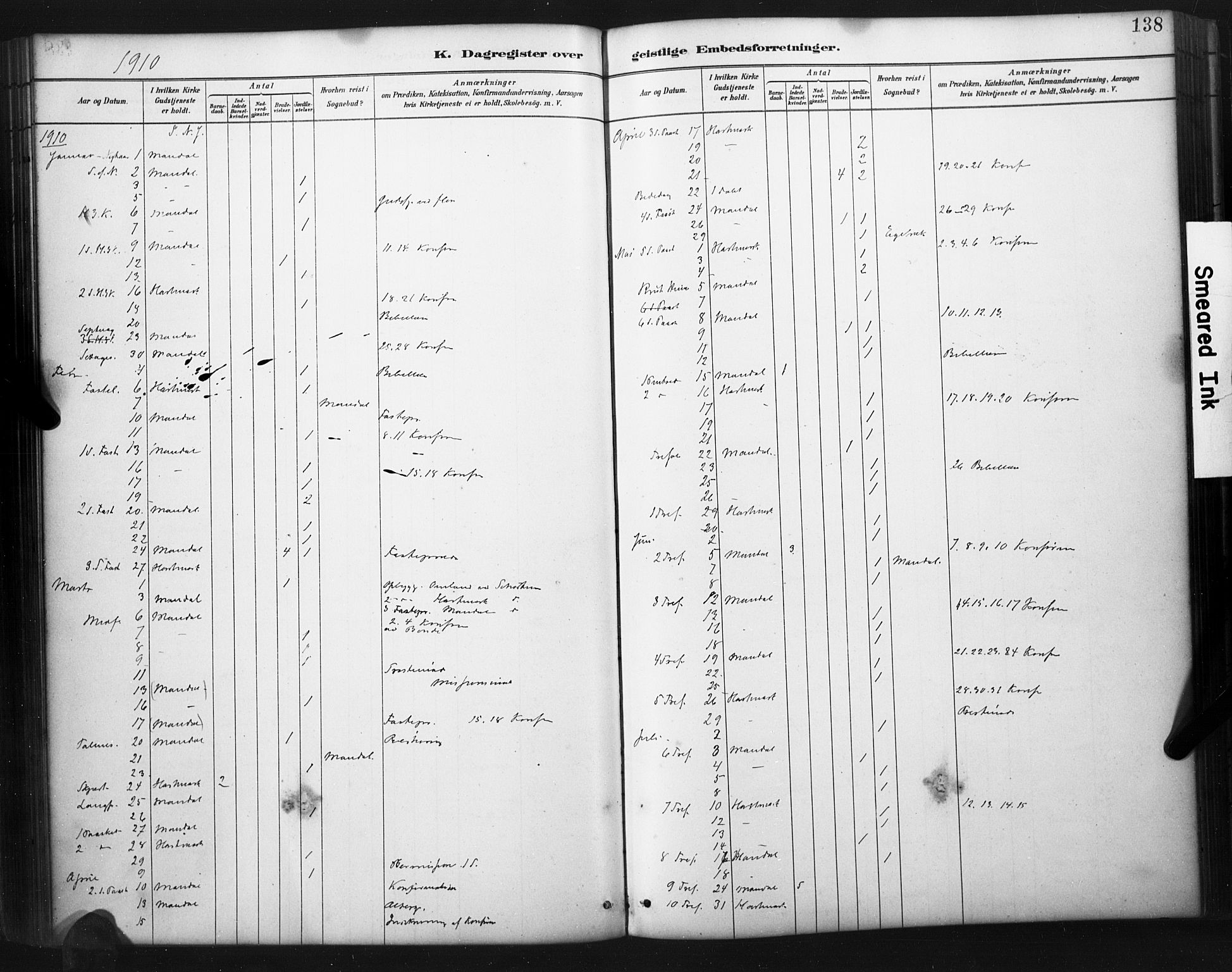 Mandal sokneprestkontor, AV/SAK-1111-0030/F/Fa/Faa/L0017: Parish register (official) no. A 17, 1880-1926, p. 138