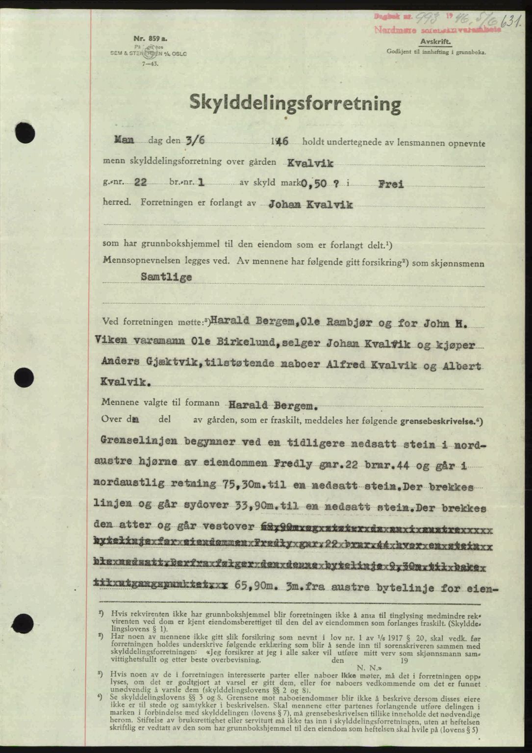 Nordmøre sorenskriveri, AV/SAT-A-4132/1/2/2Ca: Mortgage book no. A101, 1946-1946, Diary no: : 993/1946