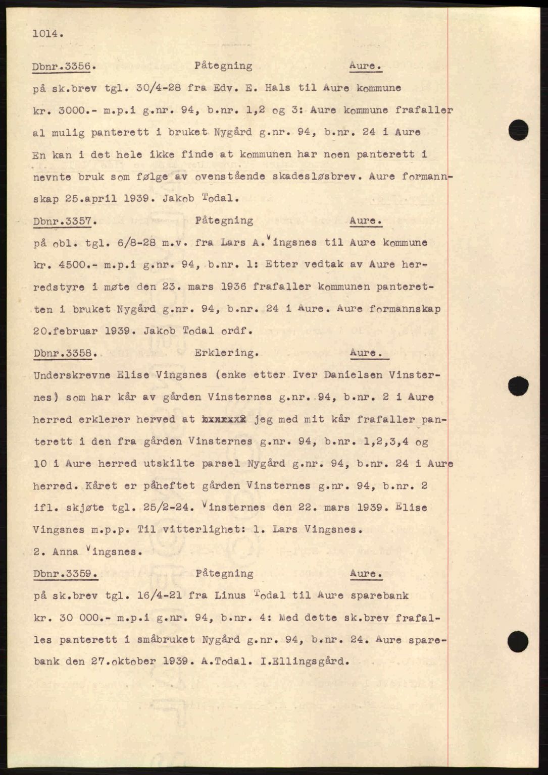 Nordmøre sorenskriveri, AV/SAT-A-4132/1/2/2Ca: Mortgage book no. C80, 1936-1939, Diary no: : 3356/1939