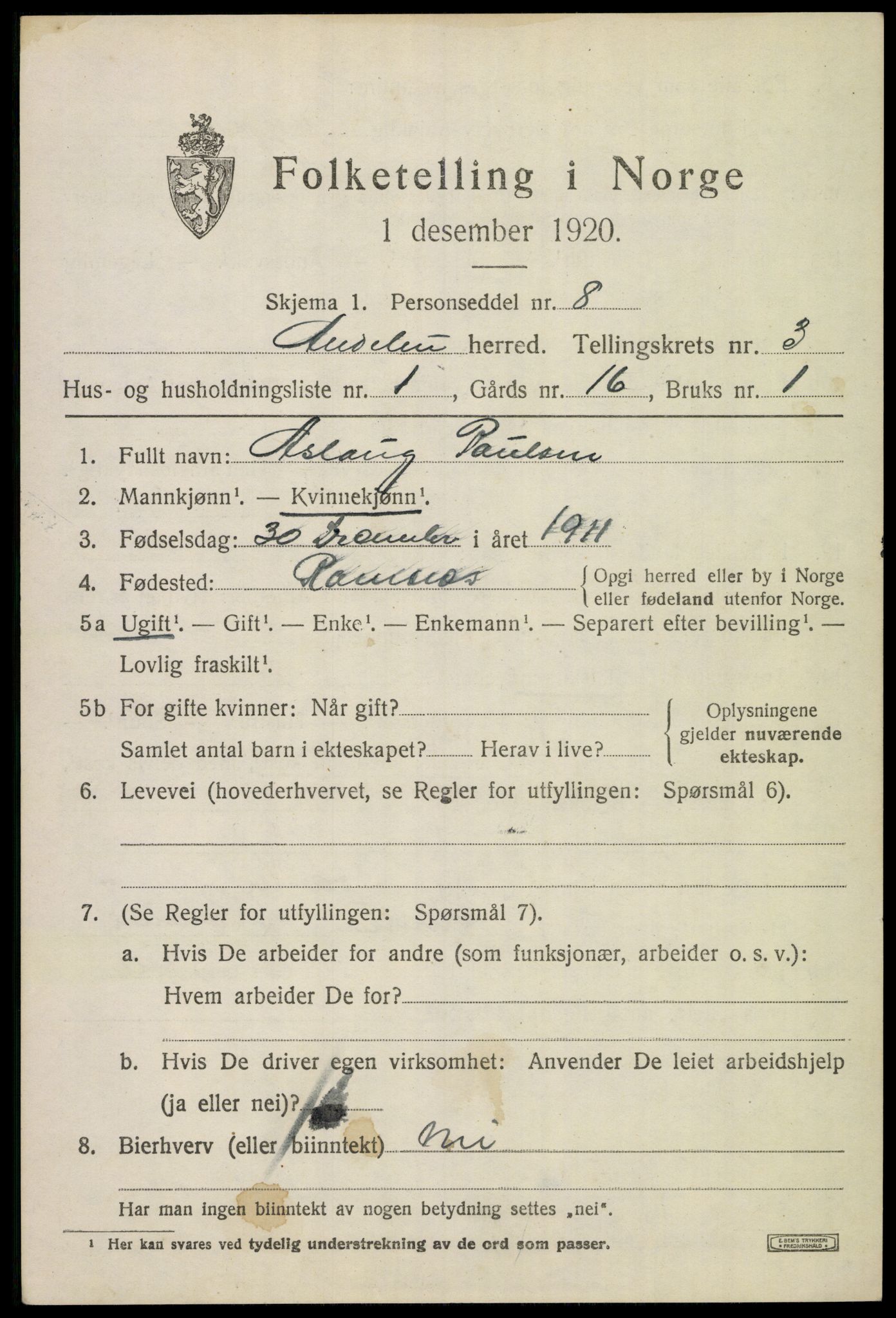 SAKO, 1920 census for Andebu, 1920, p. 1852