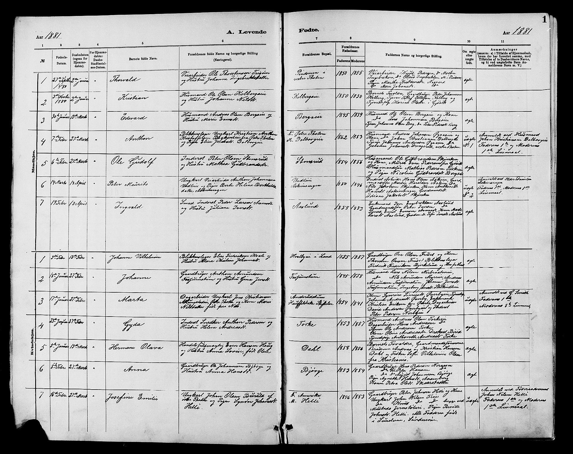 Vardal prestekontor, AV/SAH-PREST-100/H/Ha/Hab/L0007: Parish register (copy) no. 7 /1, 1881-1895, p. 1