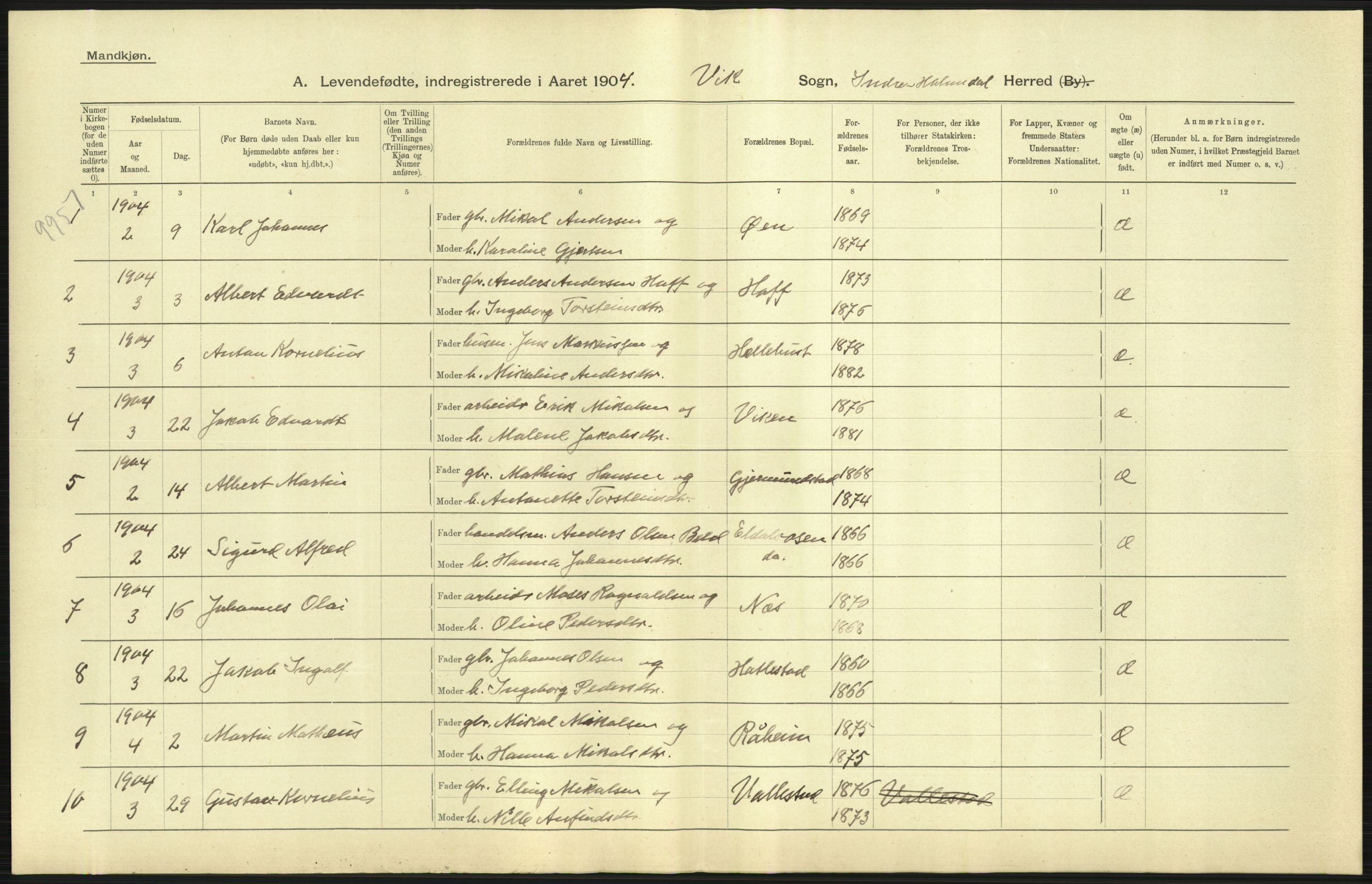 Statistisk sentralbyrå, Sosiodemografiske emner, Befolkning, RA/S-2228/D/Df/Dfa/Dfab/L0015: Nordre Bergenhus amt: Fødte, gifte, døde. Bygder, 1904, p. 53