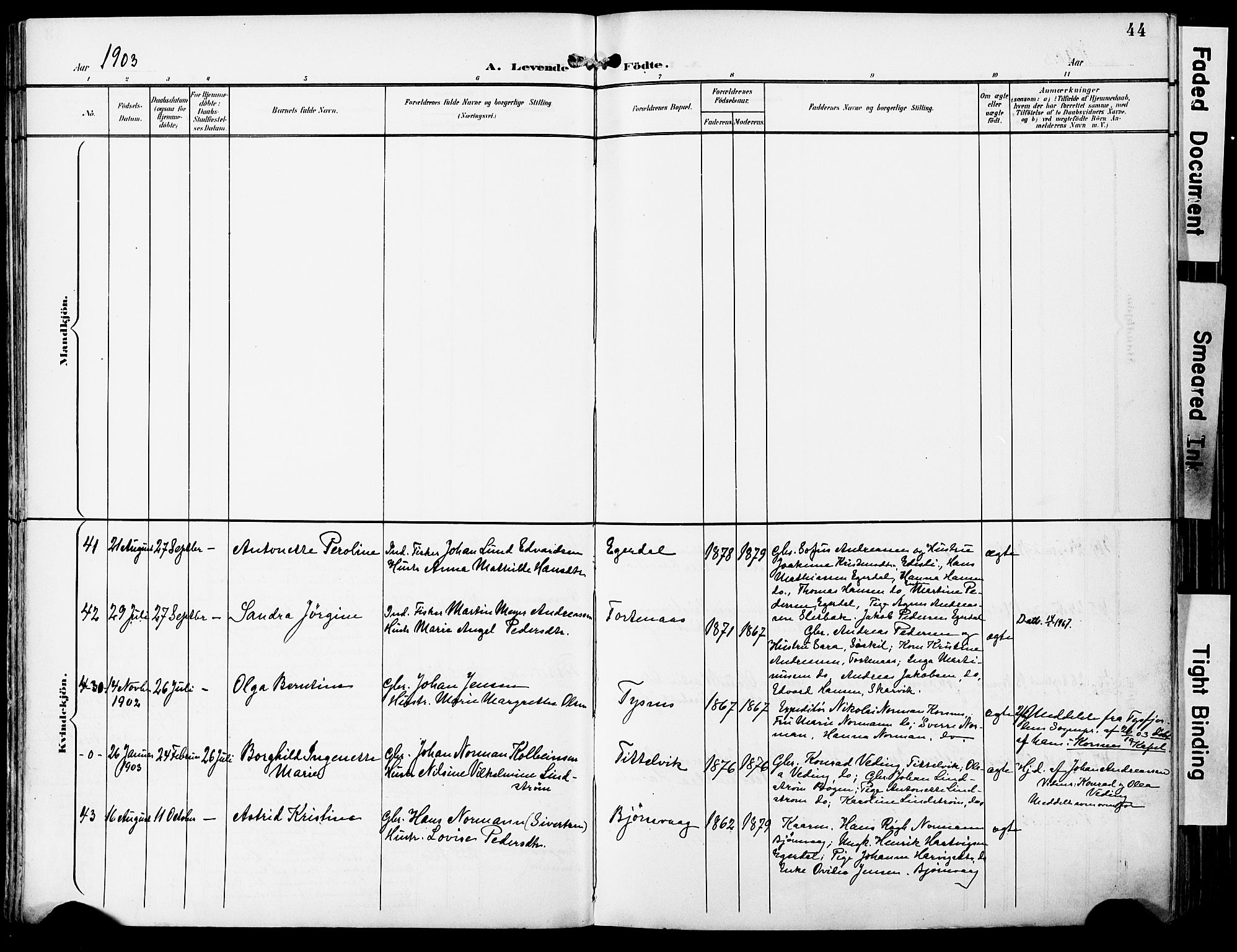 Ministerialprotokoller, klokkerbøker og fødselsregistre - Nordland, AV/SAT-A-1459/859/L0848: Parish register (official) no. 859A08, 1900-1912, p. 44