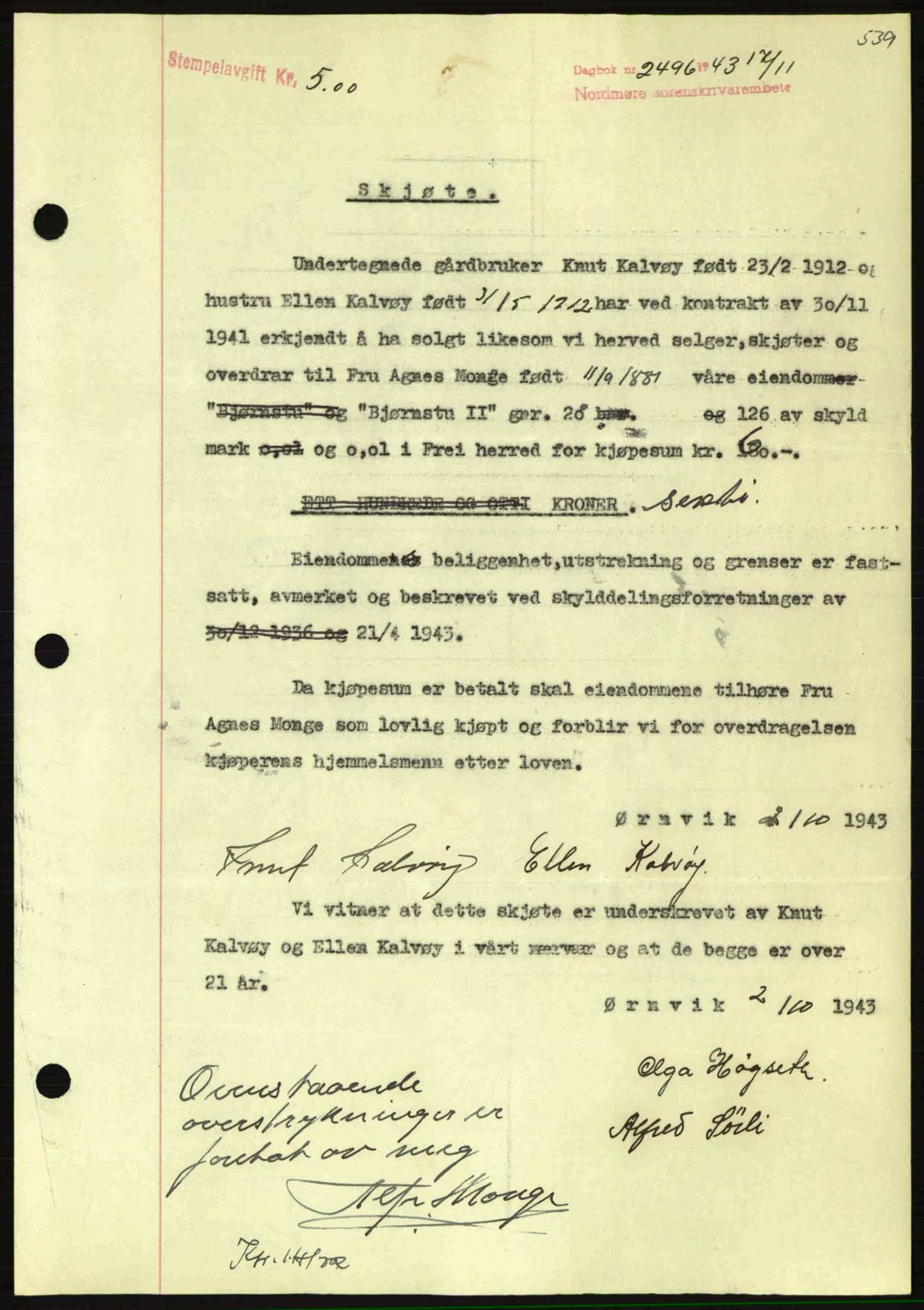 Nordmøre sorenskriveri, SAT/A-4132/1/2/2Ca: Mortgage book no. A96, 1943-1944, Diary no: : 2496/1943