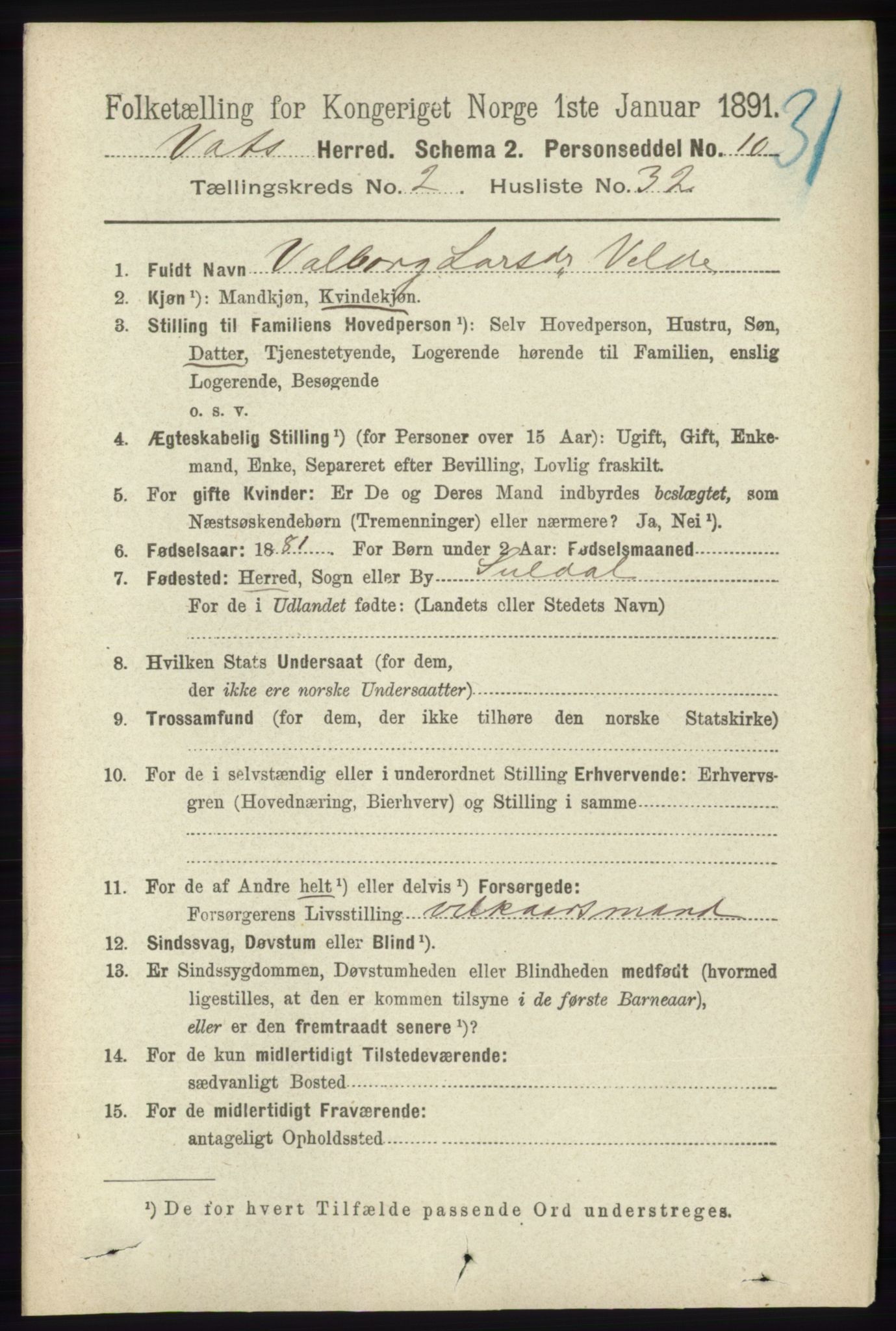 RA, 1891 census for 1155 Vats, 1891, p. 409