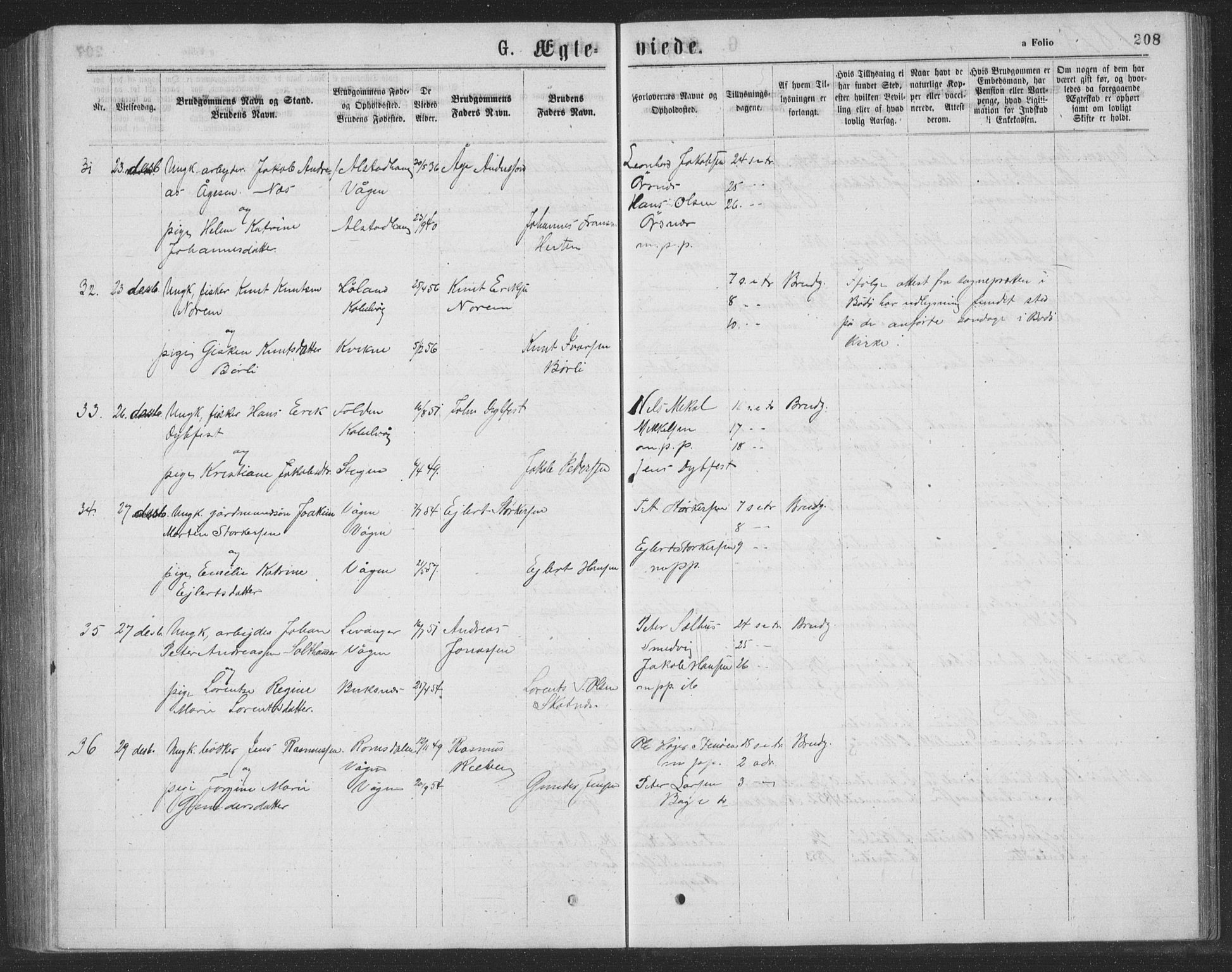 Ministerialprotokoller, klokkerbøker og fødselsregistre - Nordland, AV/SAT-A-1459/874/L1075: Parish register (copy) no. 874C04, 1876-1883, p. 208