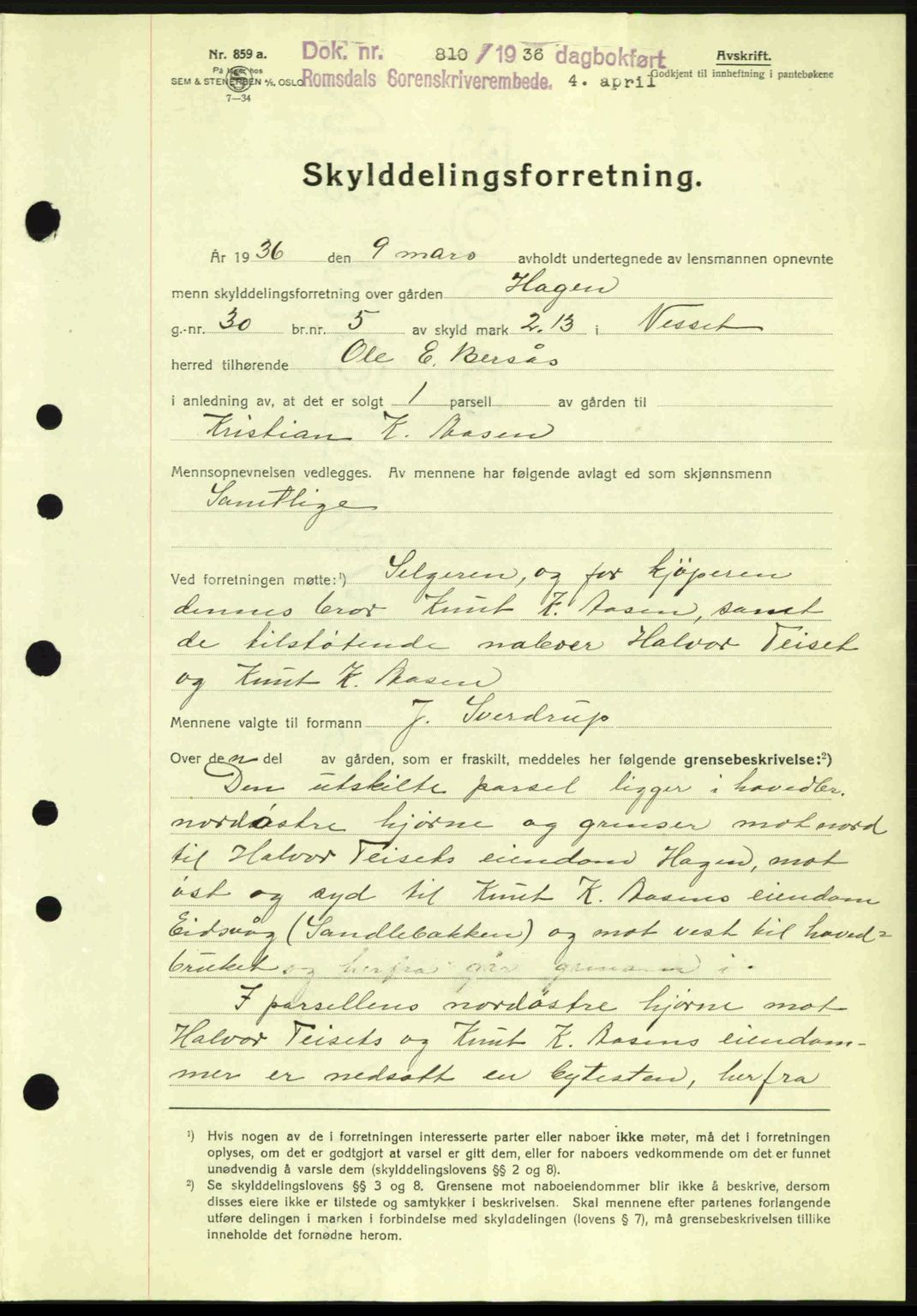 Romsdal sorenskriveri, AV/SAT-A-4149/1/2/2C: Mortgage book no. A1, 1936-1936, Diary no: : 810/1936