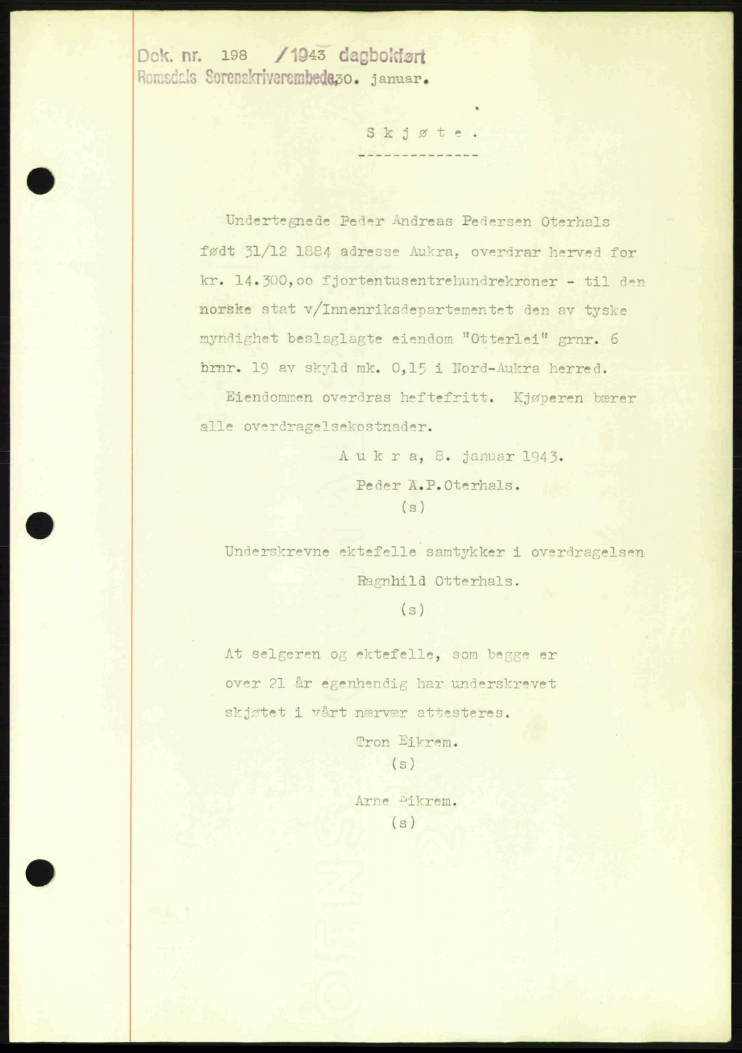 Romsdal sorenskriveri, AV/SAT-A-4149/1/2/2C: Mortgage book no. A13, 1942-1943, Diary no: : 198/1943