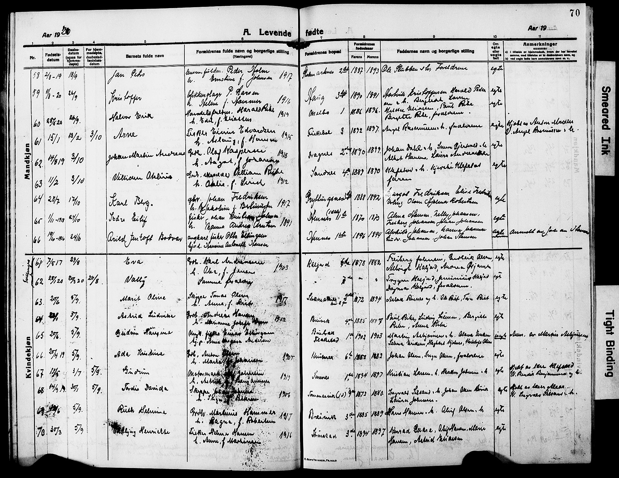 Ministerialprotokoller, klokkerbøker og fødselsregistre - Nordland, AV/SAT-A-1459/888/L1269: Parish register (copy) no. 888C07, 1913-1927, p. 70