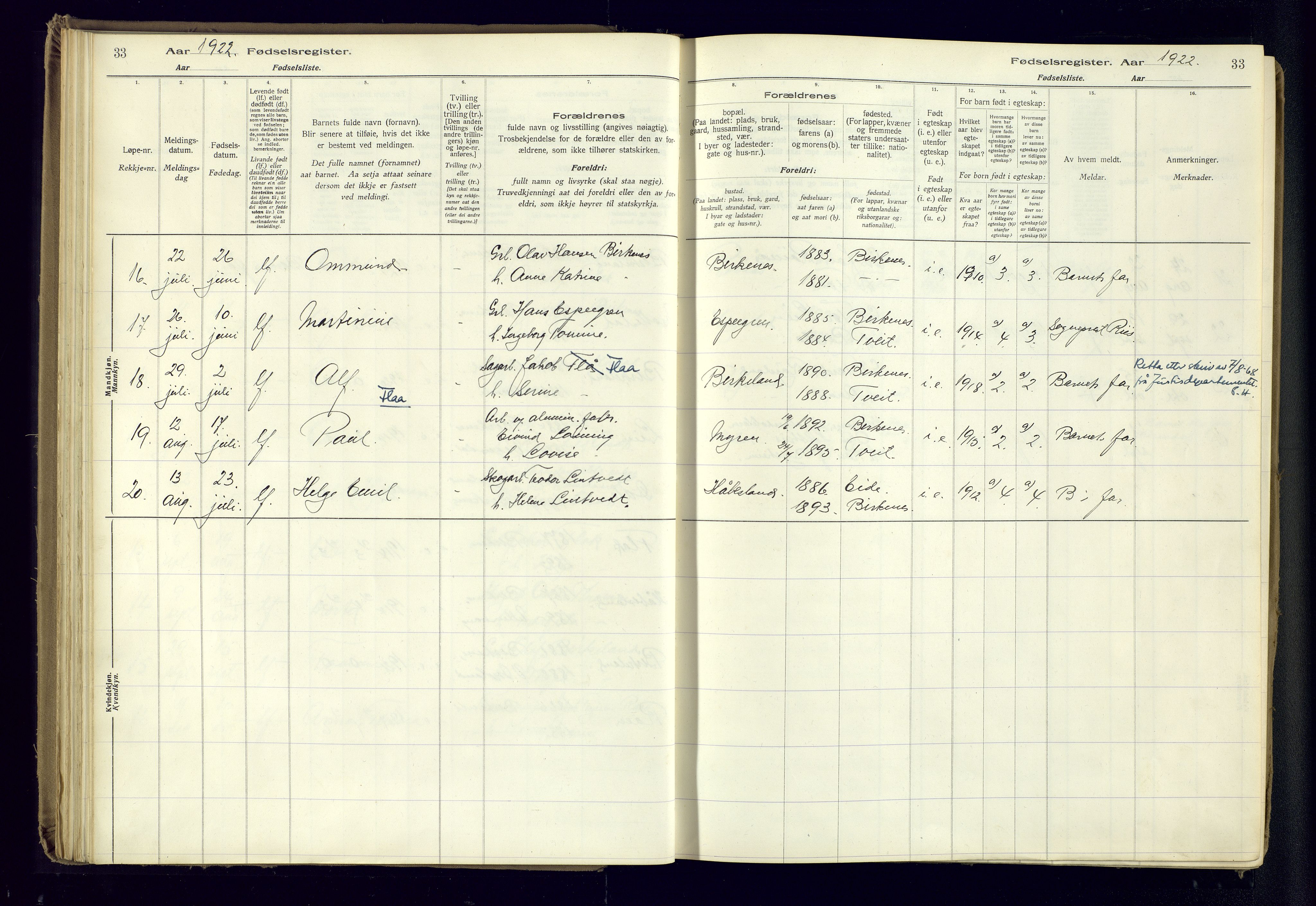 Birkenes sokneprestkontor, AV/SAK-1111-0004/J/Ja/L0001: Birth register no. II.6.4, 1916-1962, p. 33