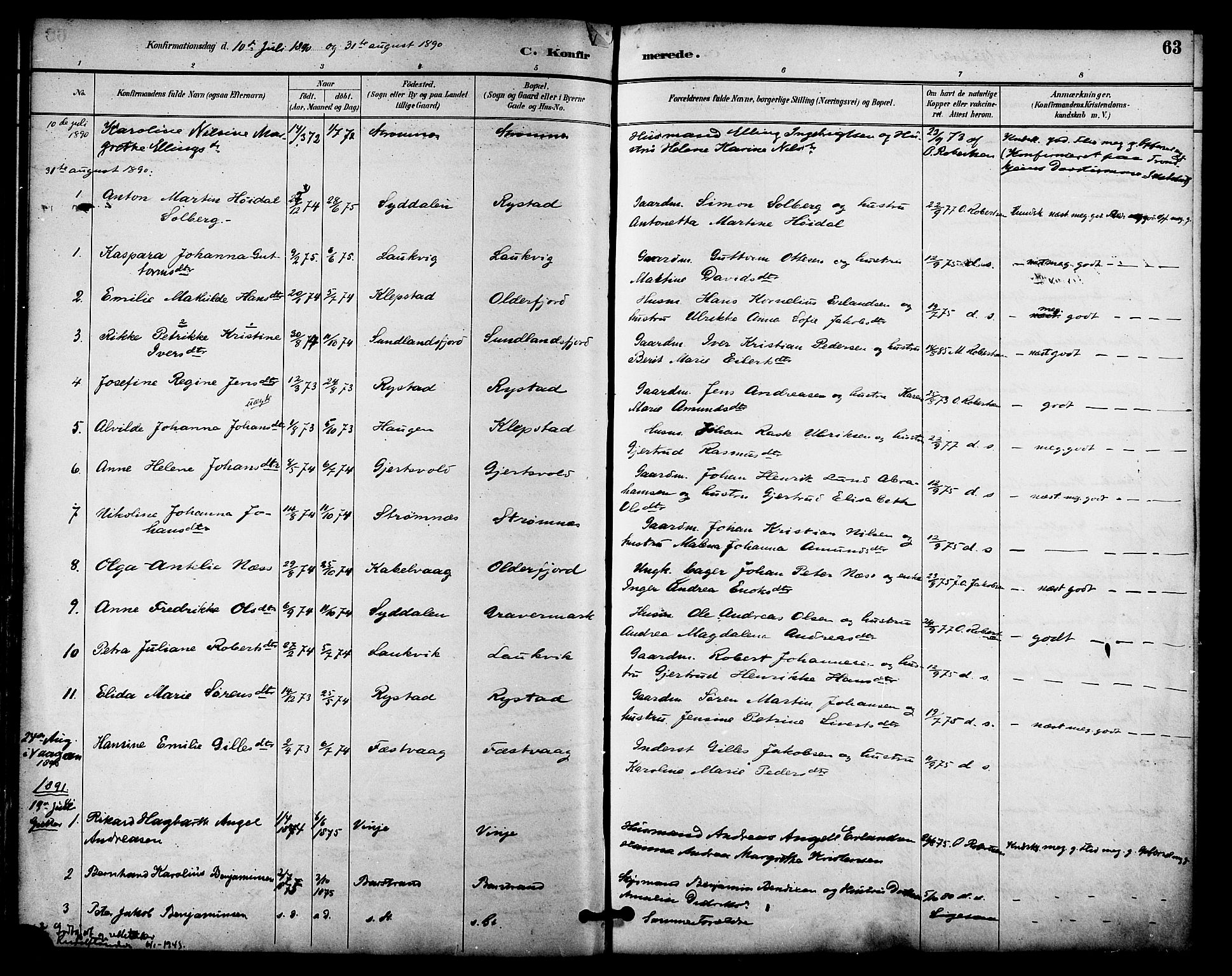 Ministerialprotokoller, klokkerbøker og fødselsregistre - Nordland, SAT/A-1459/876/L1097: Parish register (official) no. 876A03, 1886-1896, p. 63