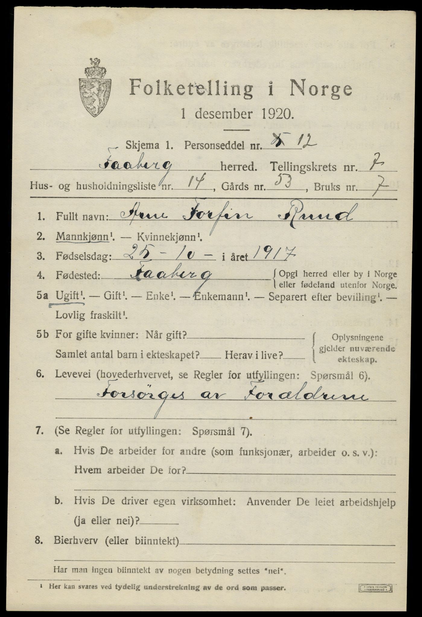 SAH, 1920 census for Fåberg, 1920, p. 7998