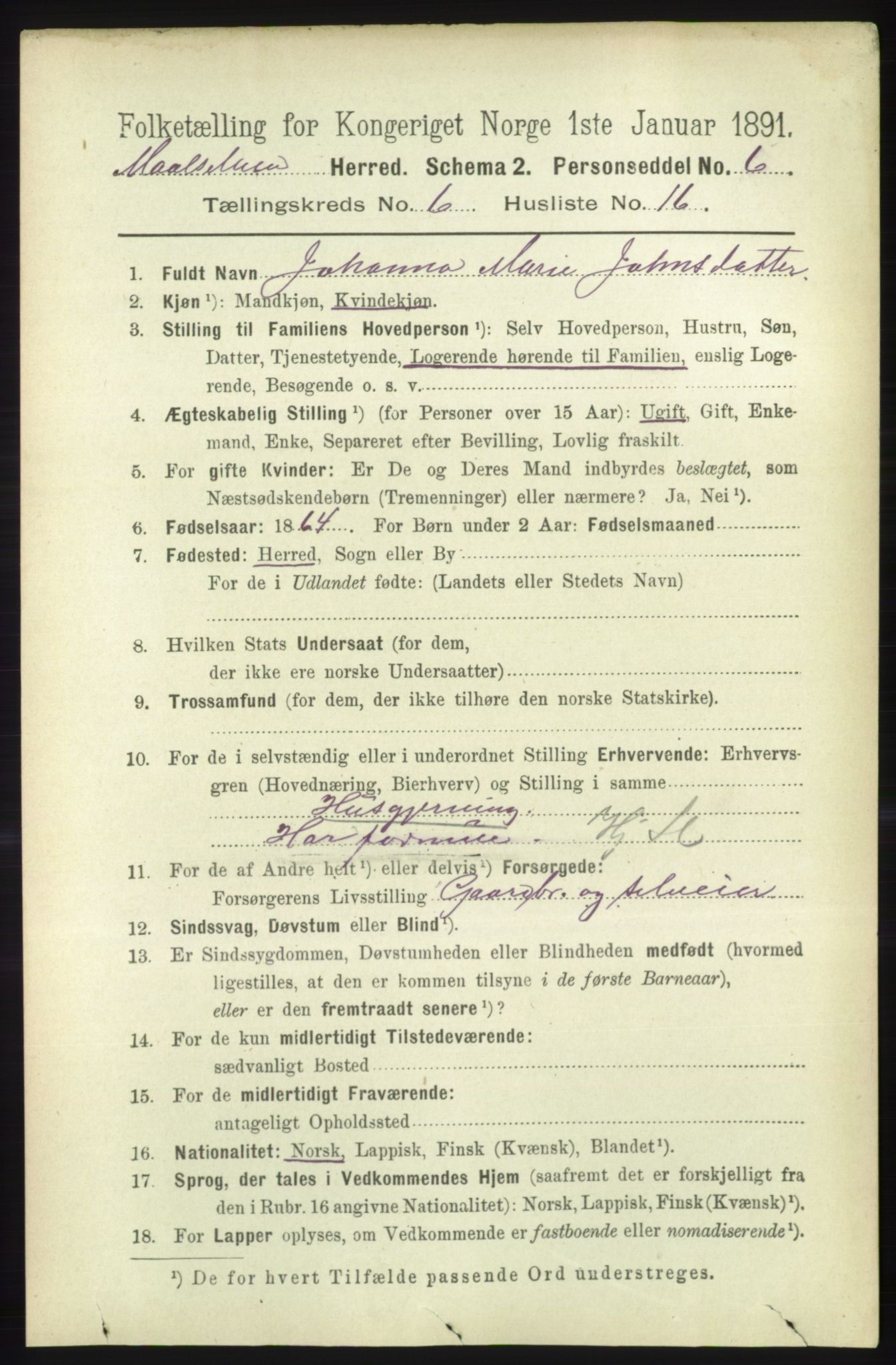 RA, 1891 census for 1924 Målselv, 1891, p. 2161