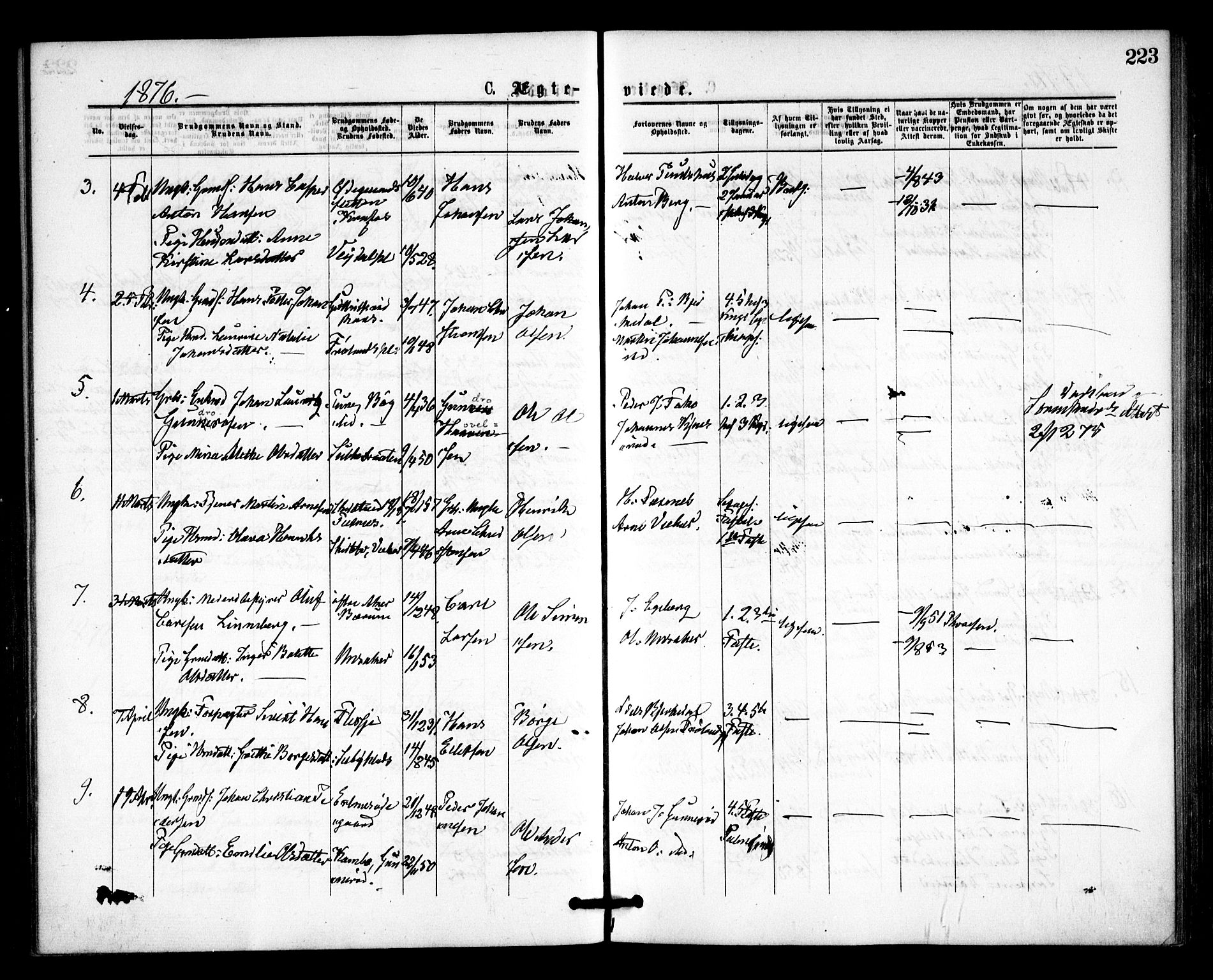 Våler prestekontor Kirkebøker, AV/SAO-A-11083/F/Fa/L0009: Parish register (official) no. I 9, 1873-1877, p. 223